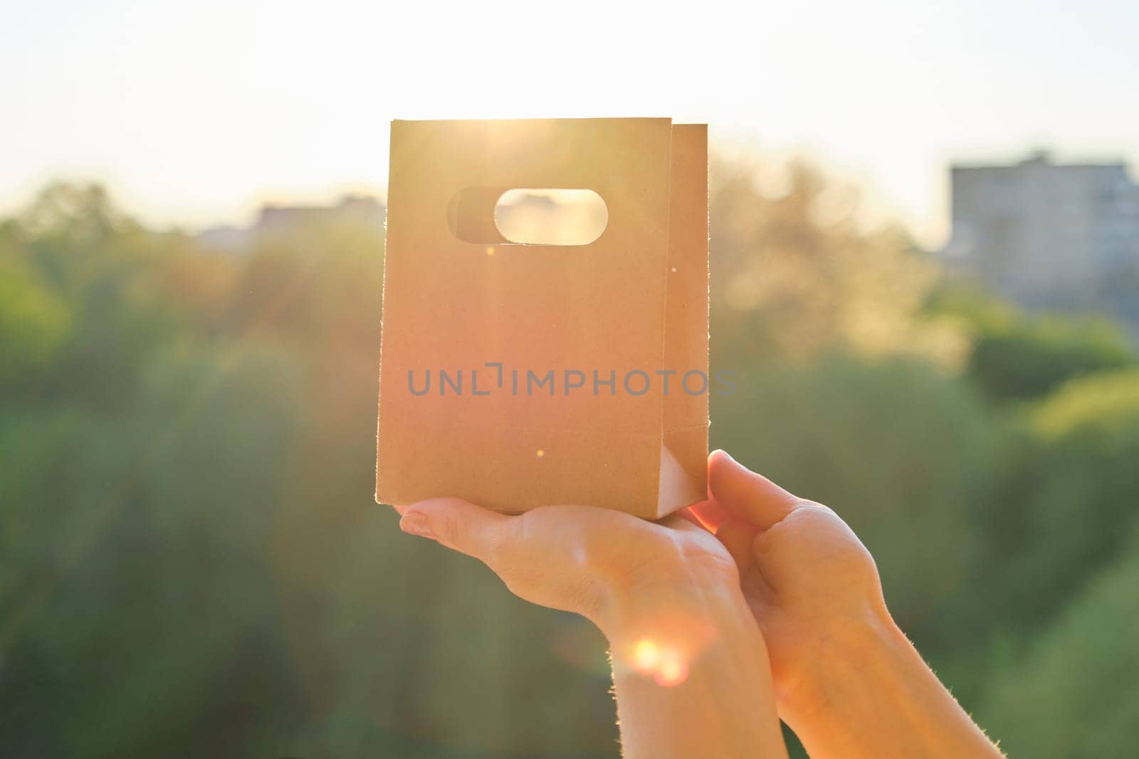 Paper bag for shopping in womans hand, background sunset by VH-studio