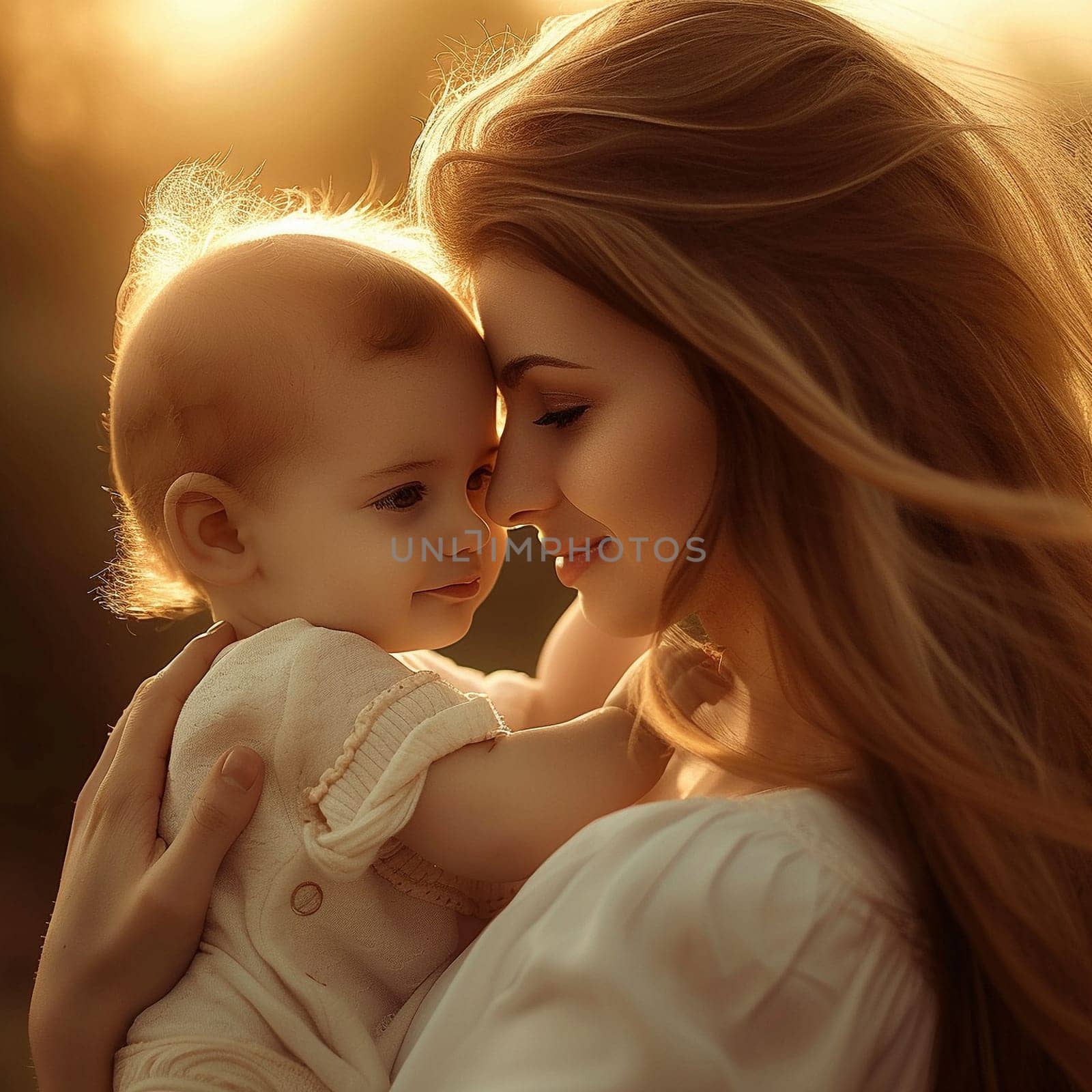Mom gently hugs her baby. Cute family photo by NeuroSky