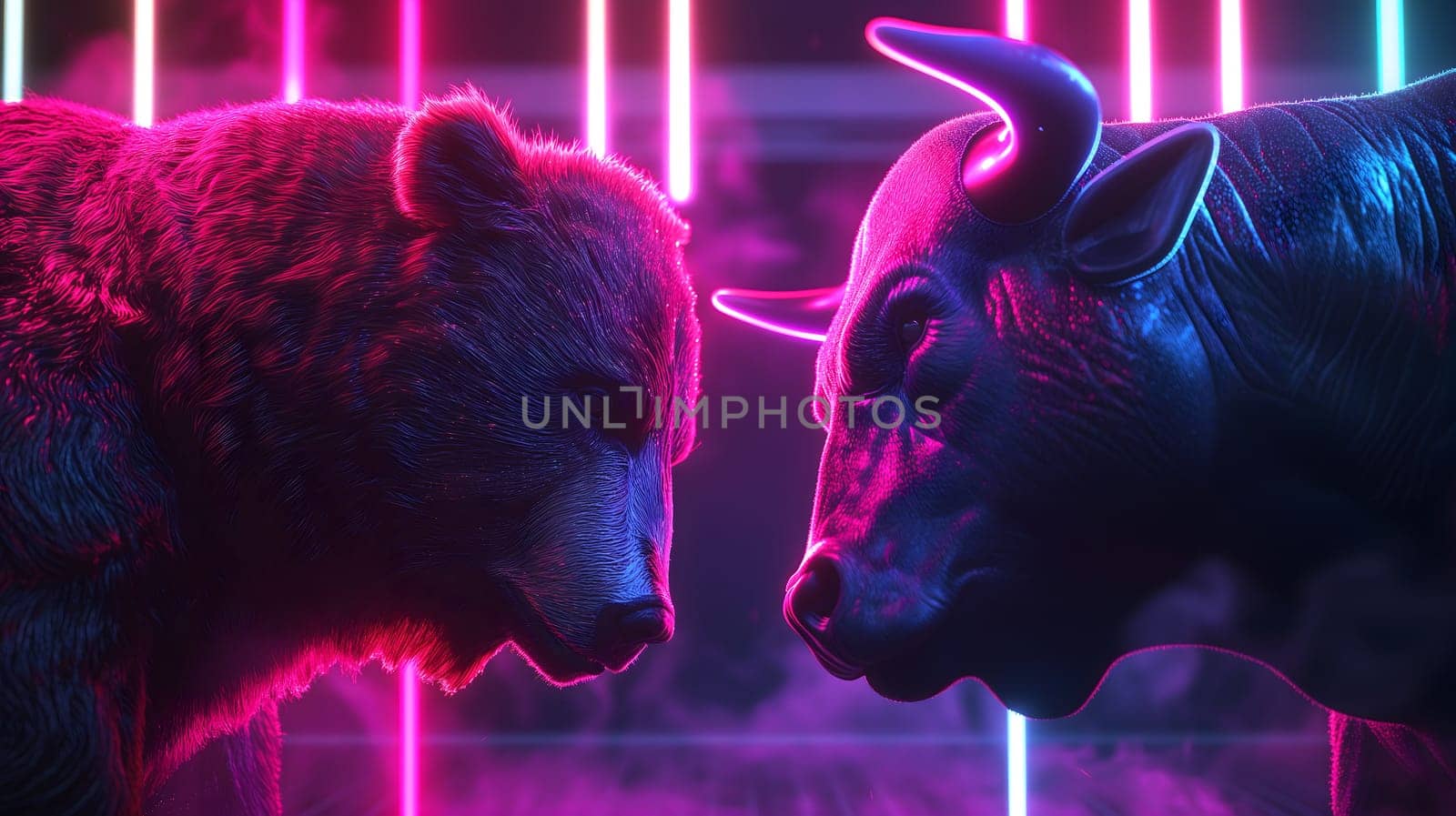 Bear and bull going head to head with pink and cyan neon lighting. Neural network generated image. Not based on any actual person or scene.