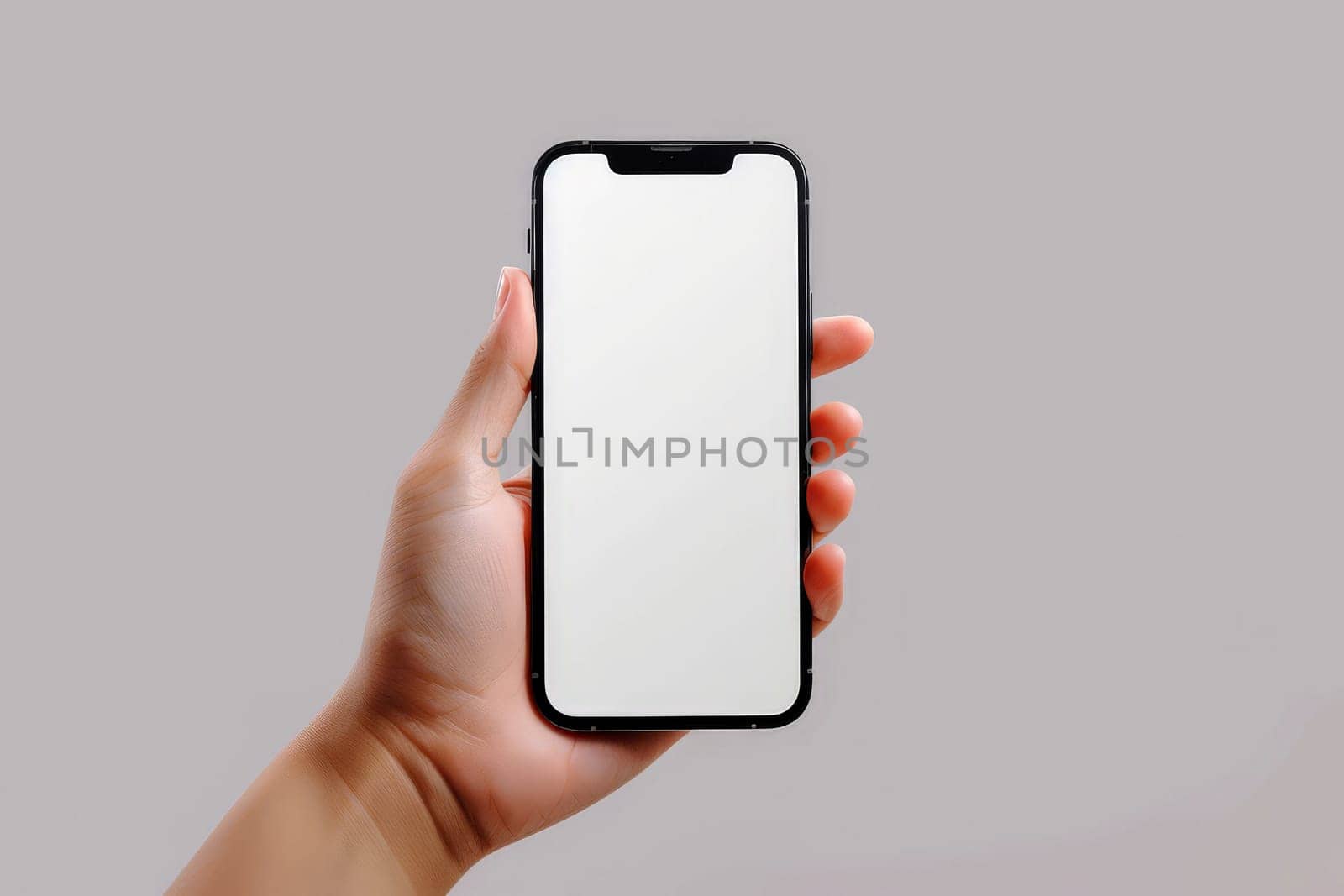 Hand holding IPHONE smartphone white blank screen mockup isolated on transparent background. . Generative AI..