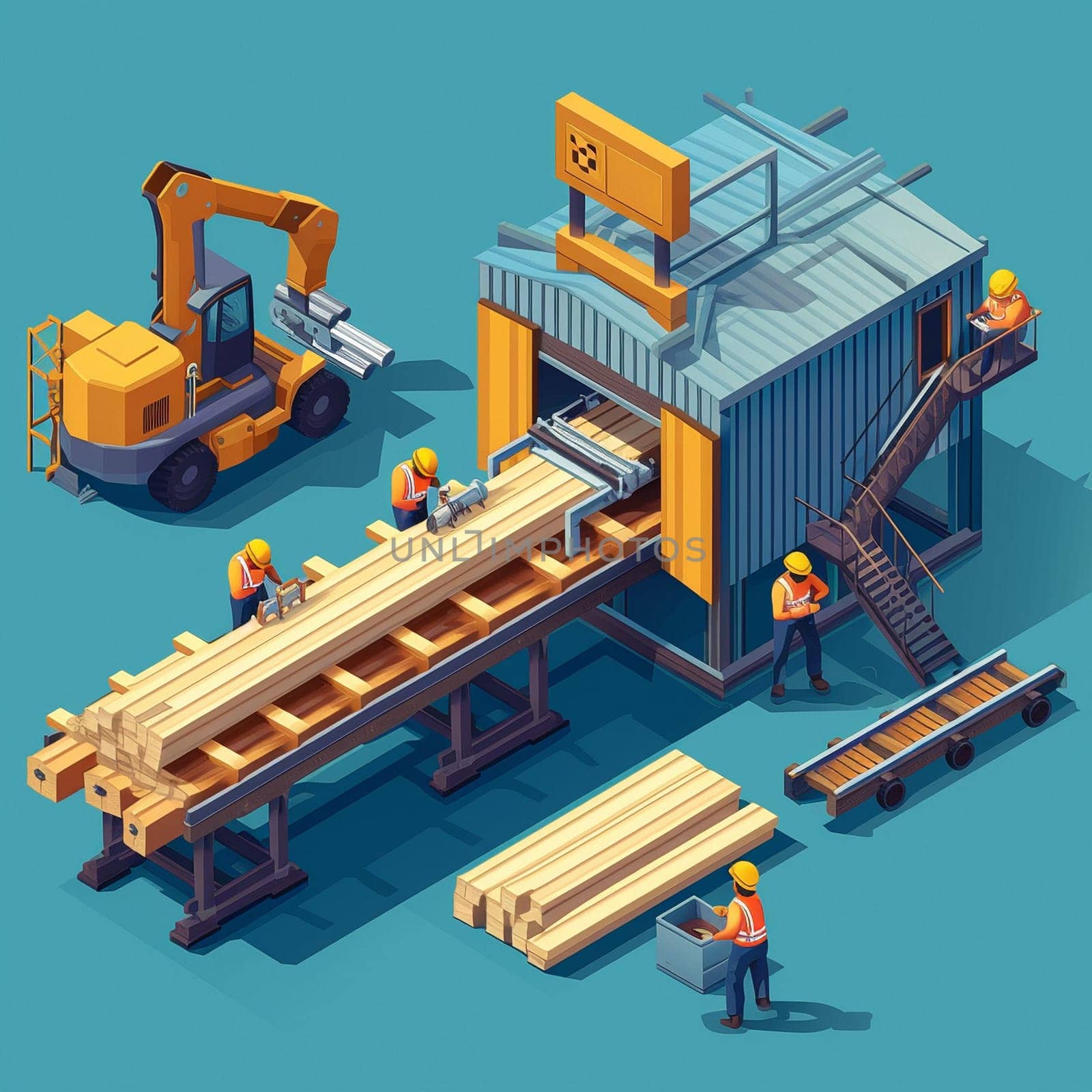 Project teamwork at sawmills. isometric illustration by NeuroSky