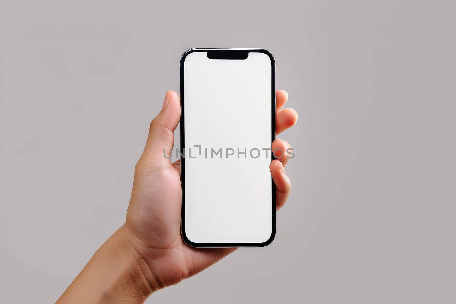 Hand holding IPHONE smartphone white blank screen mockup isolated on transparent background. . Generative AI. by matamnad