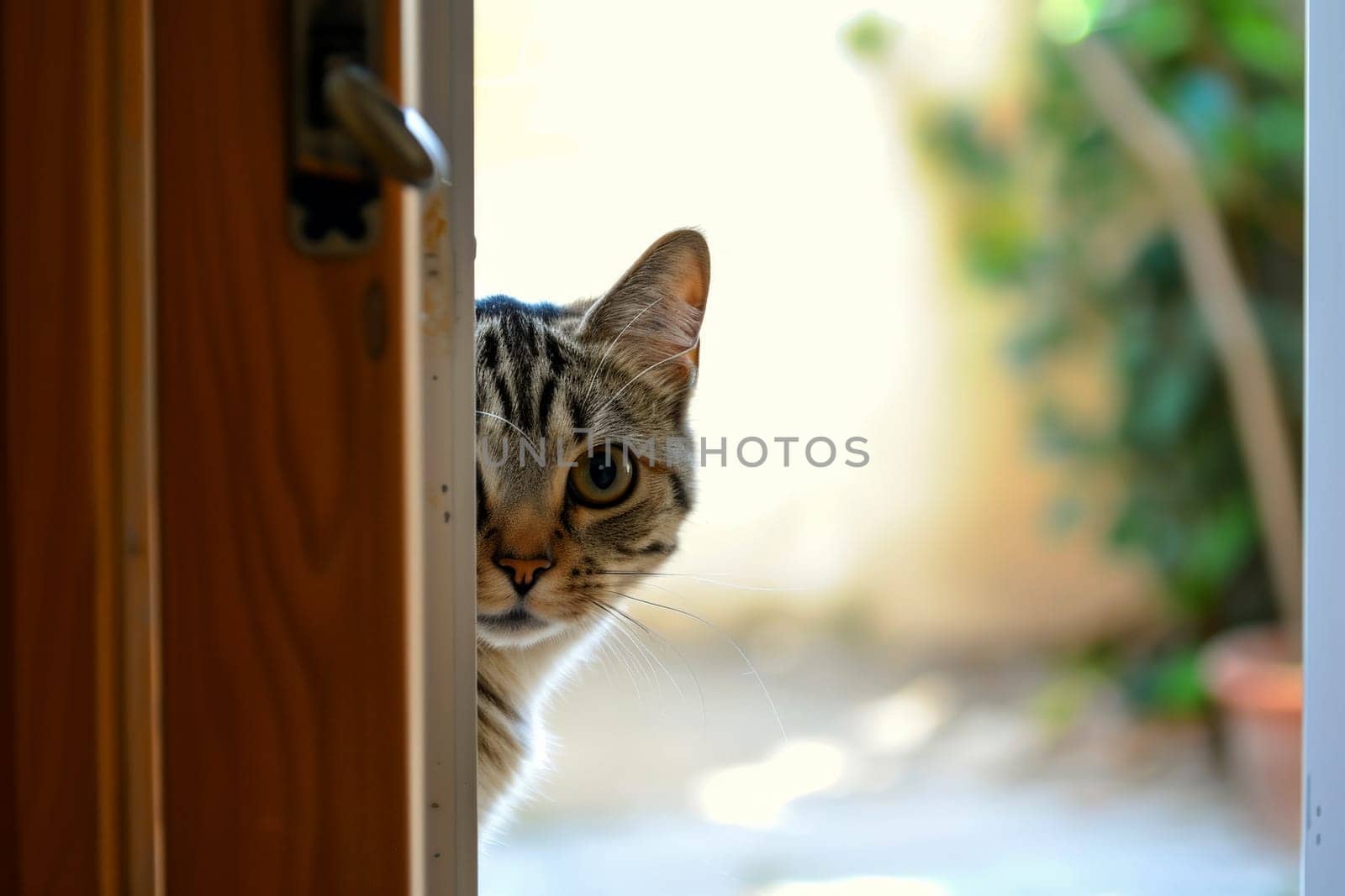 The kitten cat peeks out the door. AI generative. by matamnad