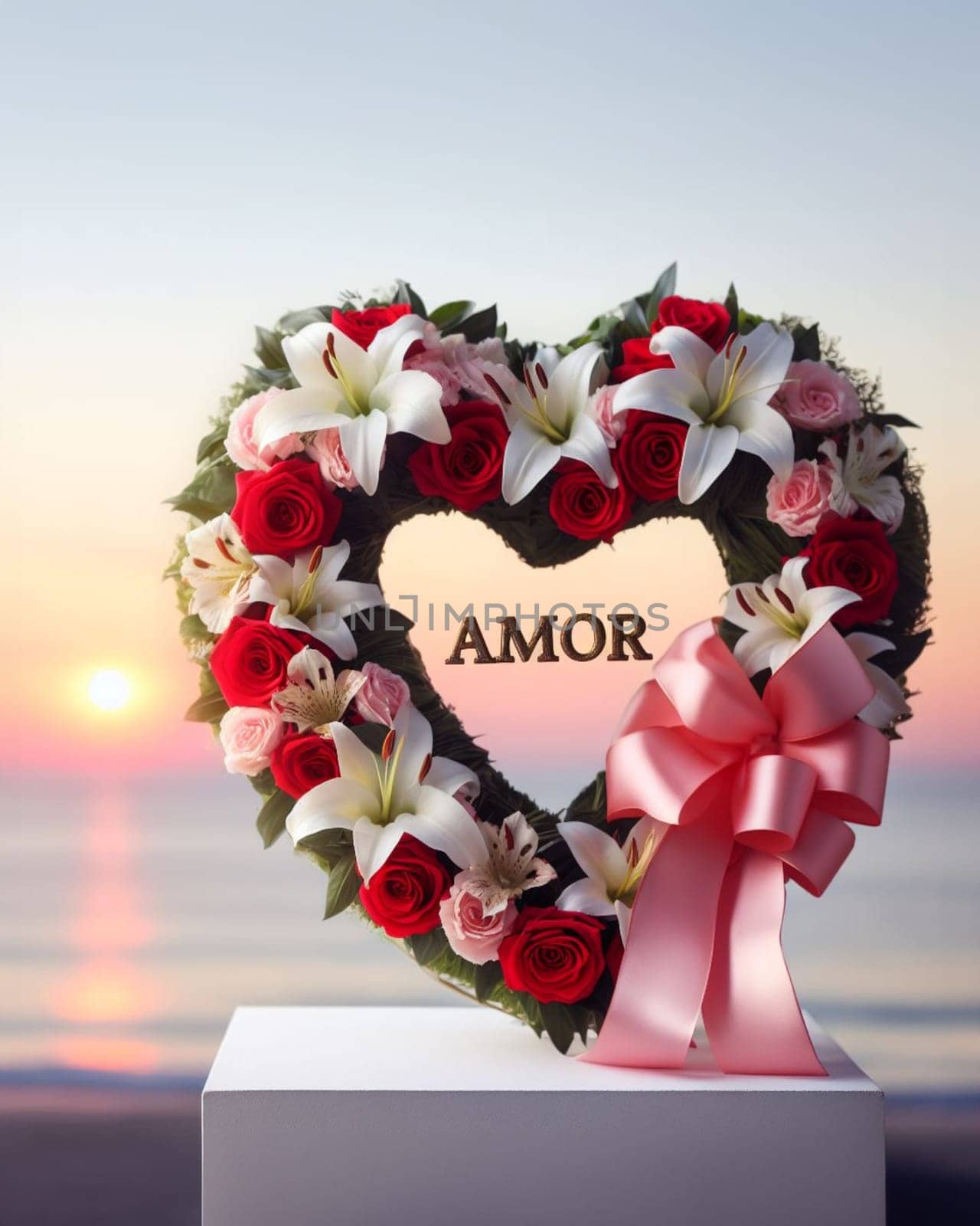 heart shaped crown of flowers with lettering sign amor love in spanish sea sunset background generative ai art