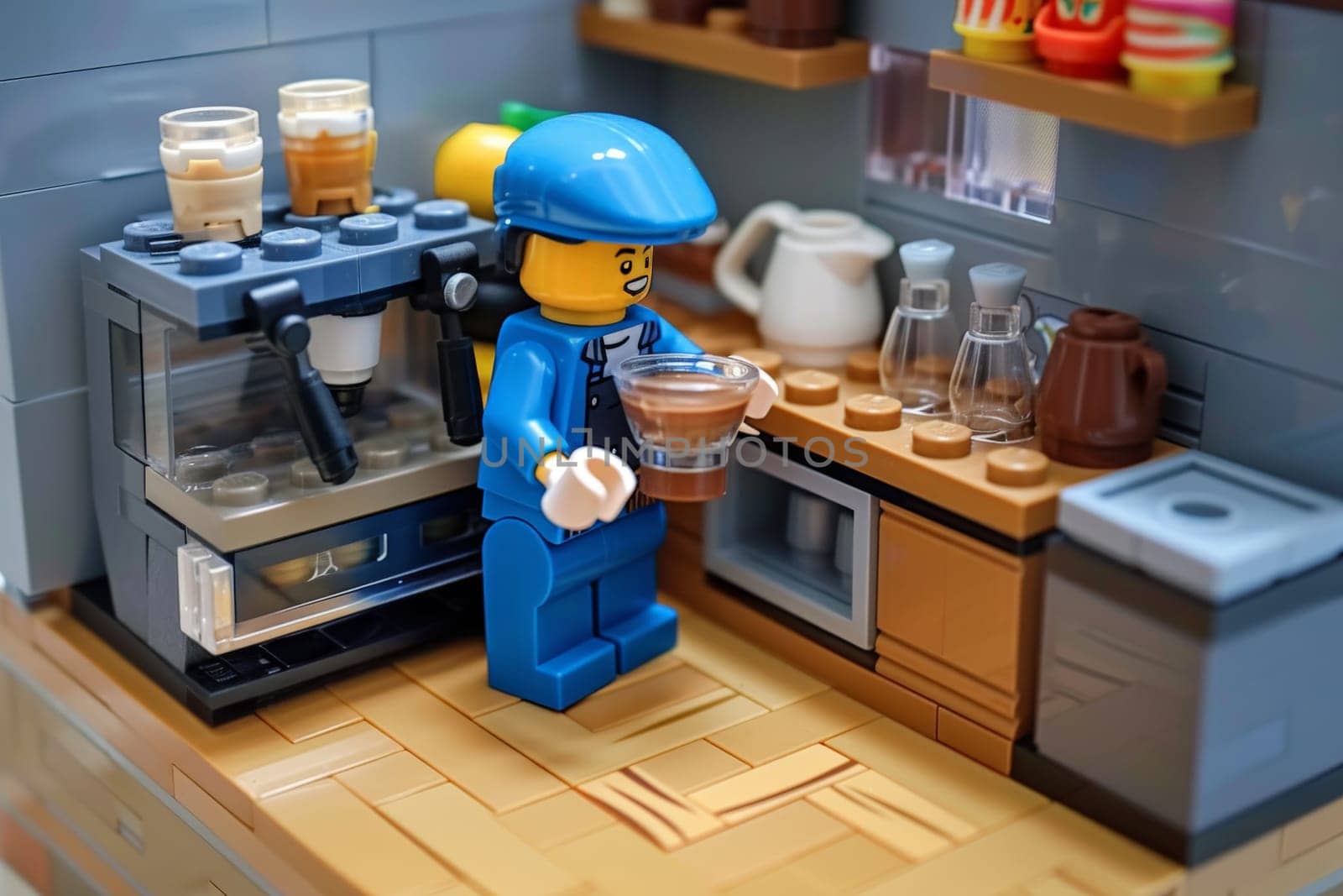 a Lego coffee shop which waiter making coffee. Ai Generative by matamnad
