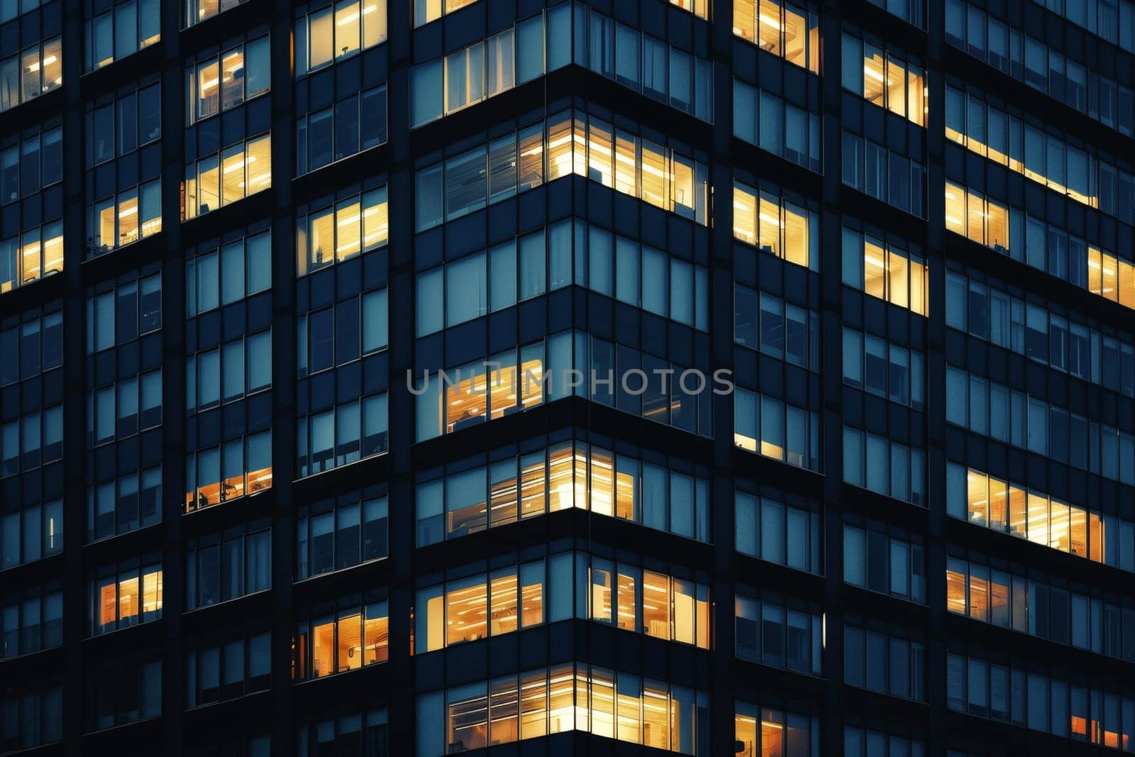 Modern Office with Night time Illumination and Shadows, business people working inside. AI generative.