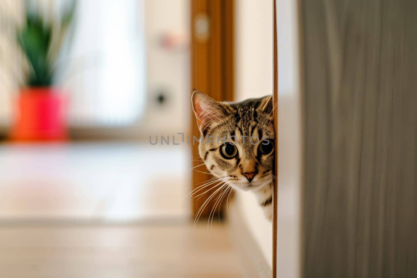 The kitten cat peeks out the door. AI generative..
