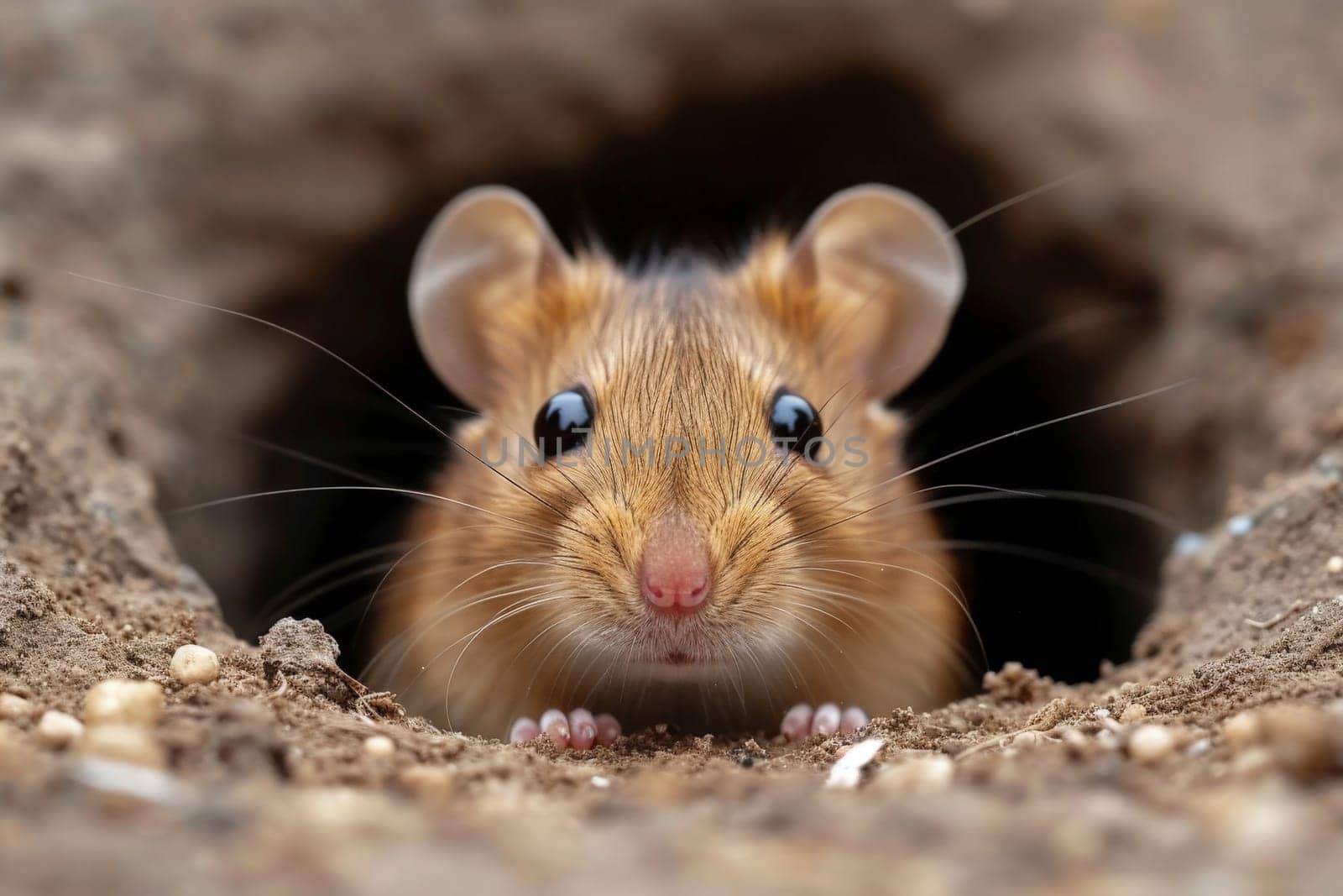 field mouse peeks out of an earthen hole. Generative AI.