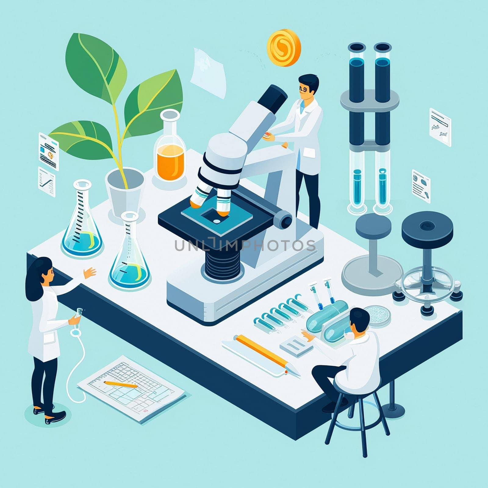 project teamwork in medicine, science and biology. isometric illustration by NeuroSky