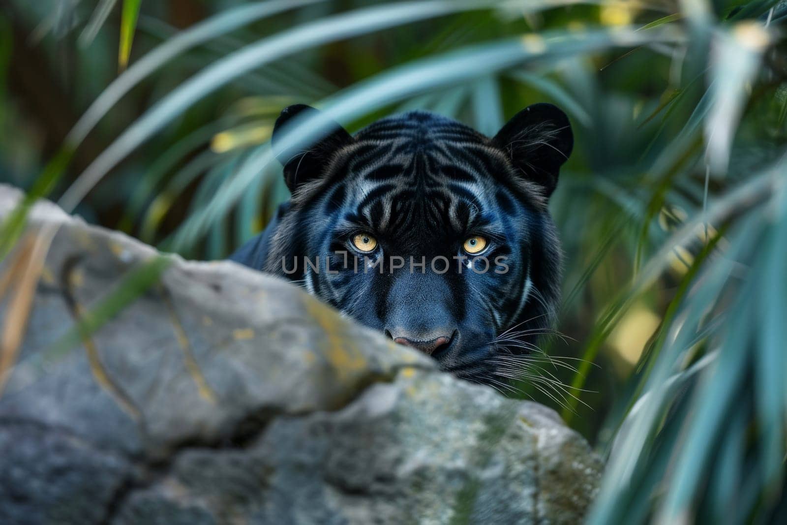 A black tiger is peeking out from behind a rock. AI generative.