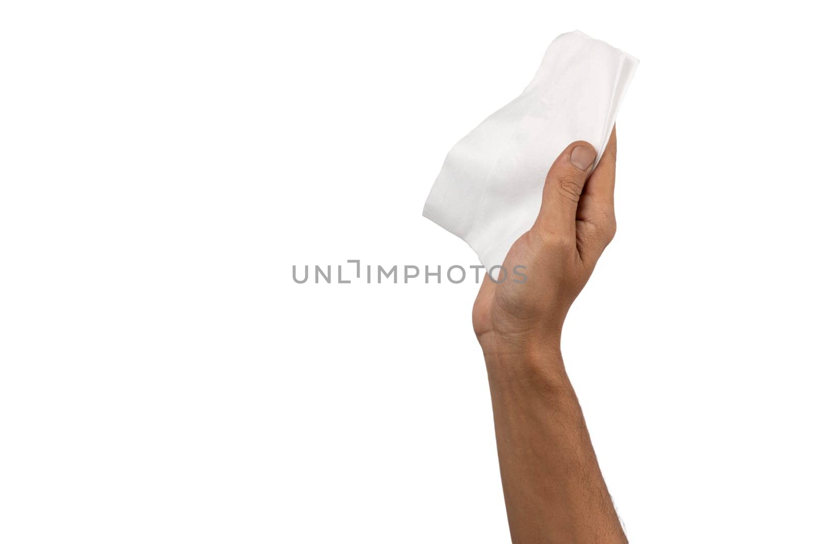 Black male hand holding a dust cleaning cloth isolated white background. High quality photo