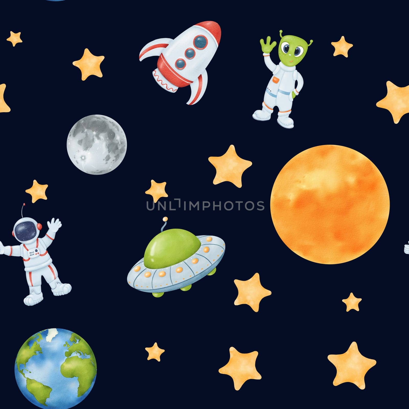 seamless watercolor pattern. starry sky. yellow stars, Earth, a whimsical astronaut, an alien UFO rocket moon, and sun. for wallpapers, children's rooms, textiles, baby clothes, and textbooks.