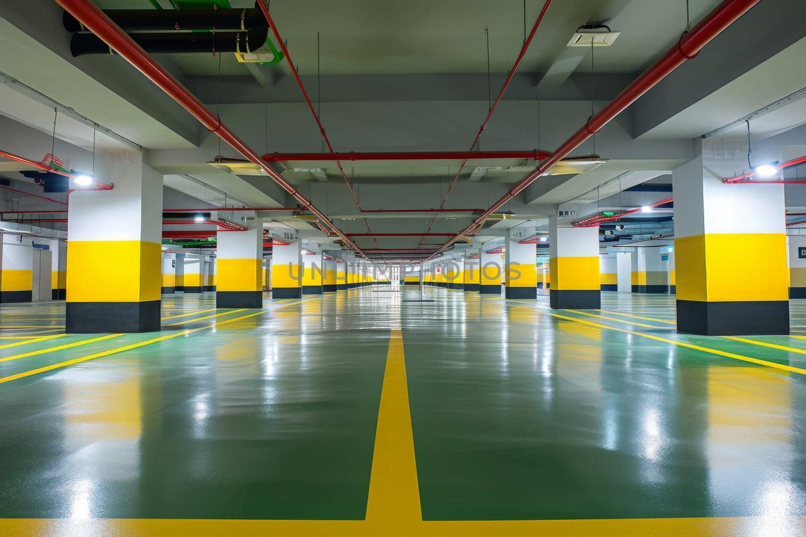 A underground parking lot showcases modern cars, and the scene is enhanced by yellow markings. AI generative by matamnad