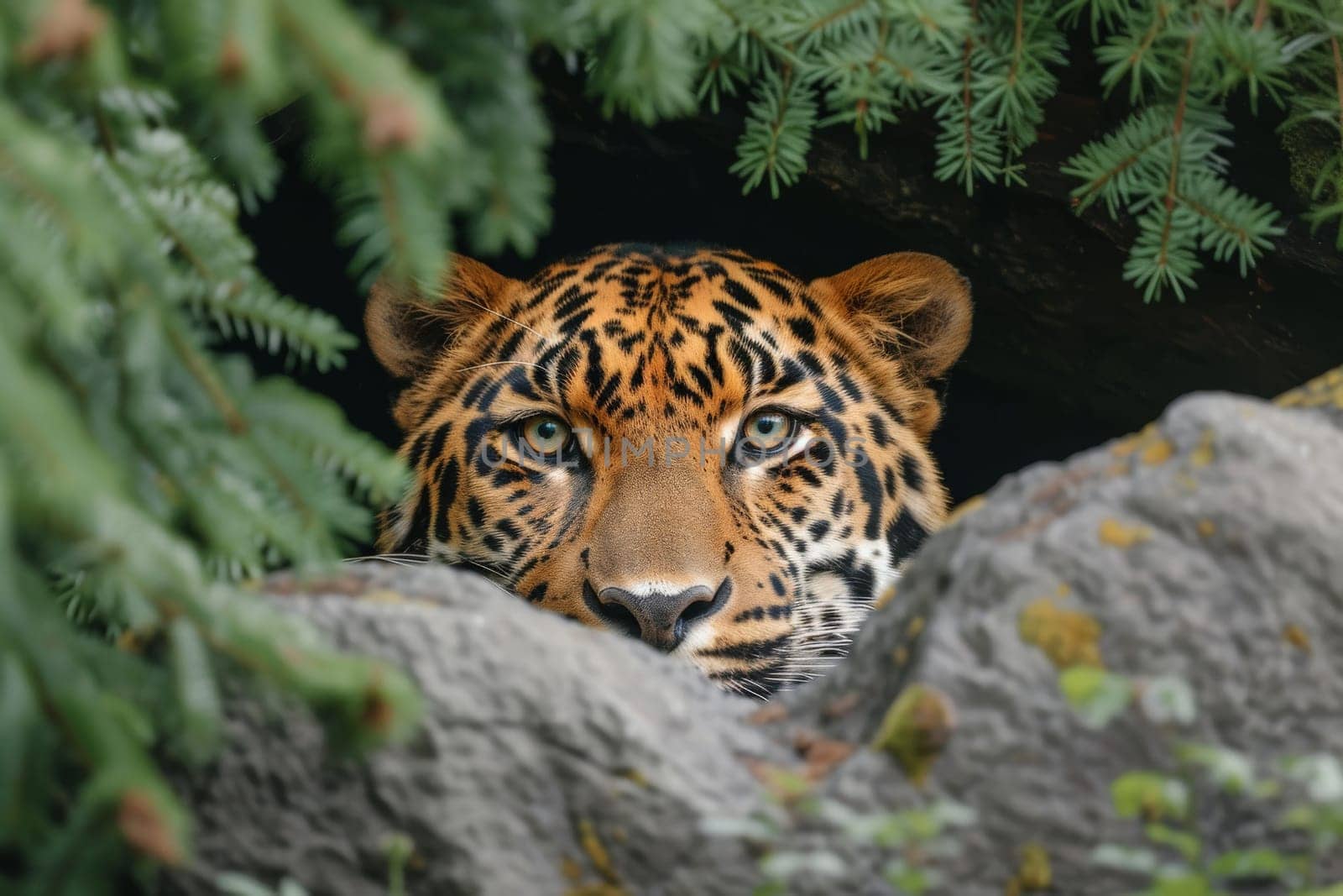 A tiger is peeking out from behind a rock. AI generative.
