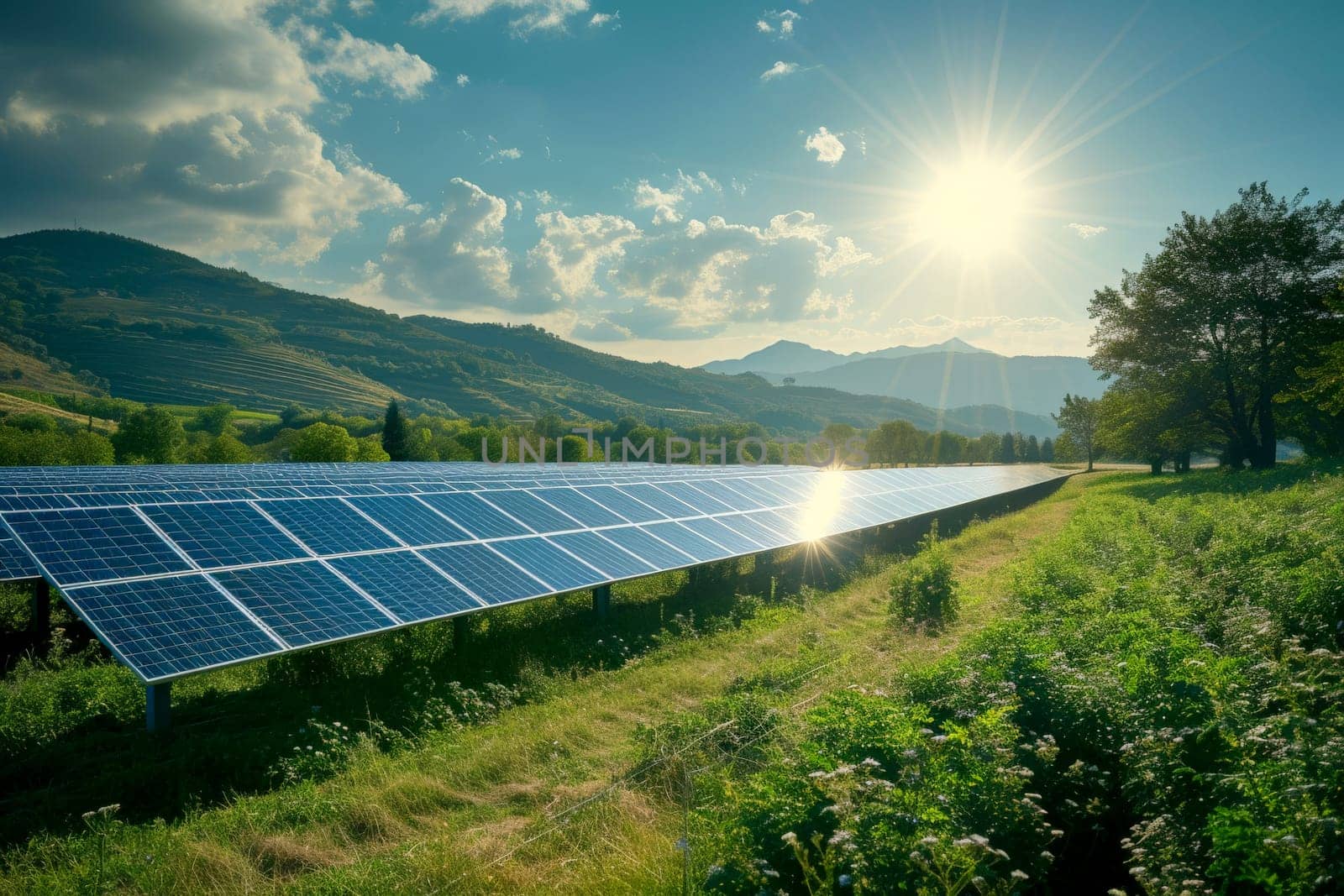 Solar energy panel photovoltaic cell and farm power generator in nature landscape, Generative AI by matamnad