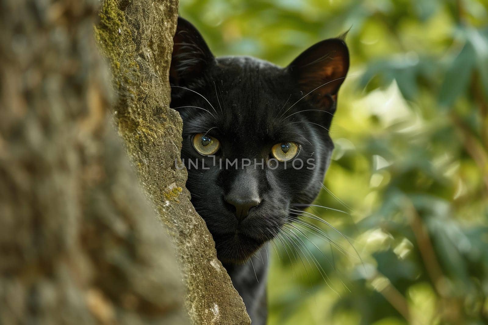 a black panther peek out the rock in forest. Ai generative by matamnad