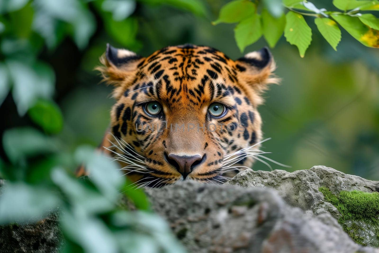 A tiger is peeking out from behind a rock. AI generative.