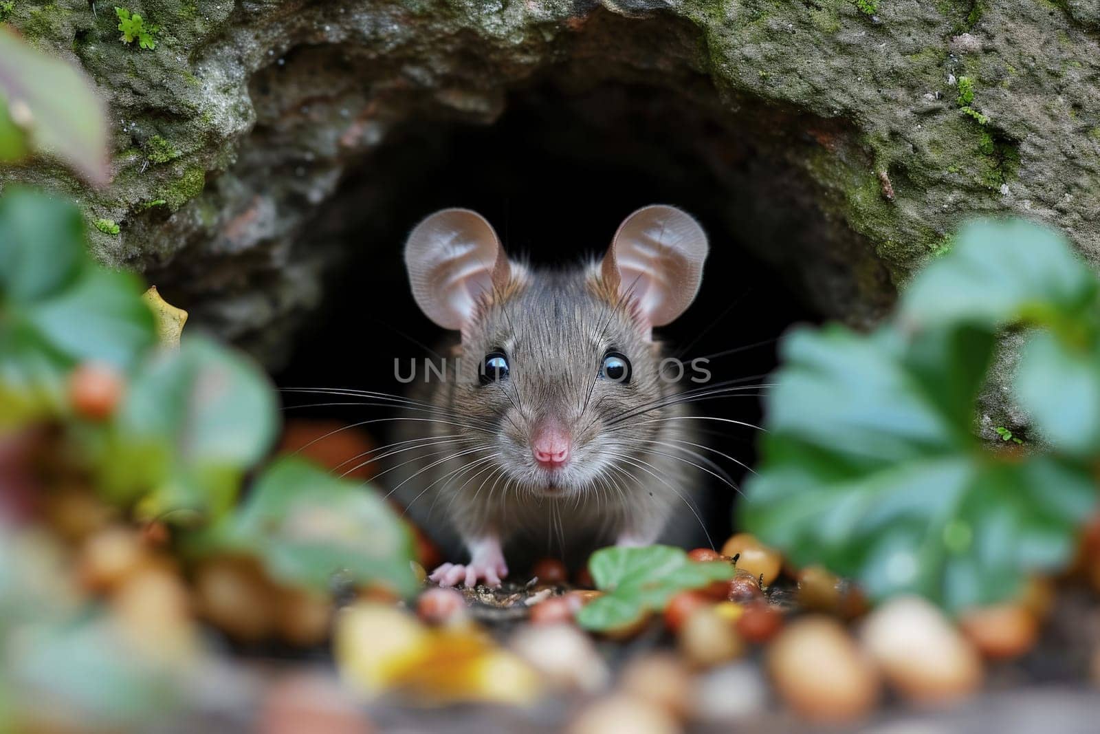 field mouse peeks out of an earthen hole. Generative AI by matamnad
