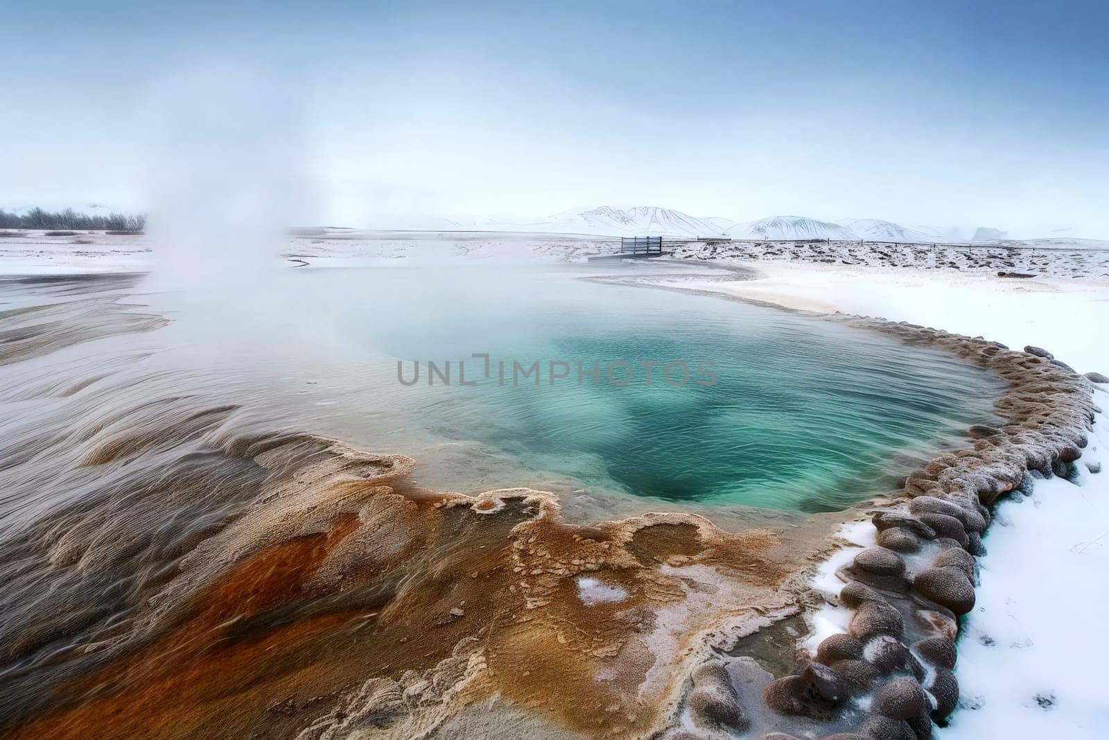 a hot thermal pool filled with hot spring water at an Icelandic geothermal spa for wellness for Young woman relaxing . Generative AI.