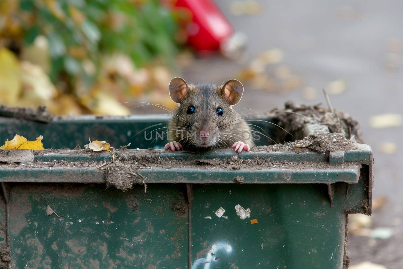 A rat peek out on a trash can in the city. Generative AI, by matamnad