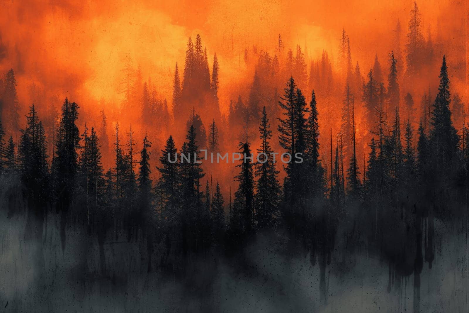 Mysterious midnight forest with a gradient of deep orange. AI generative by matamnad