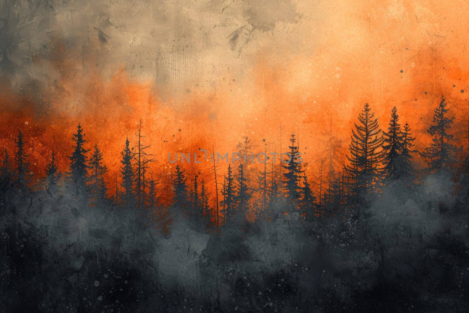 Mysterious midnight forest with a gradient of deep orange. AI generative by matamnad