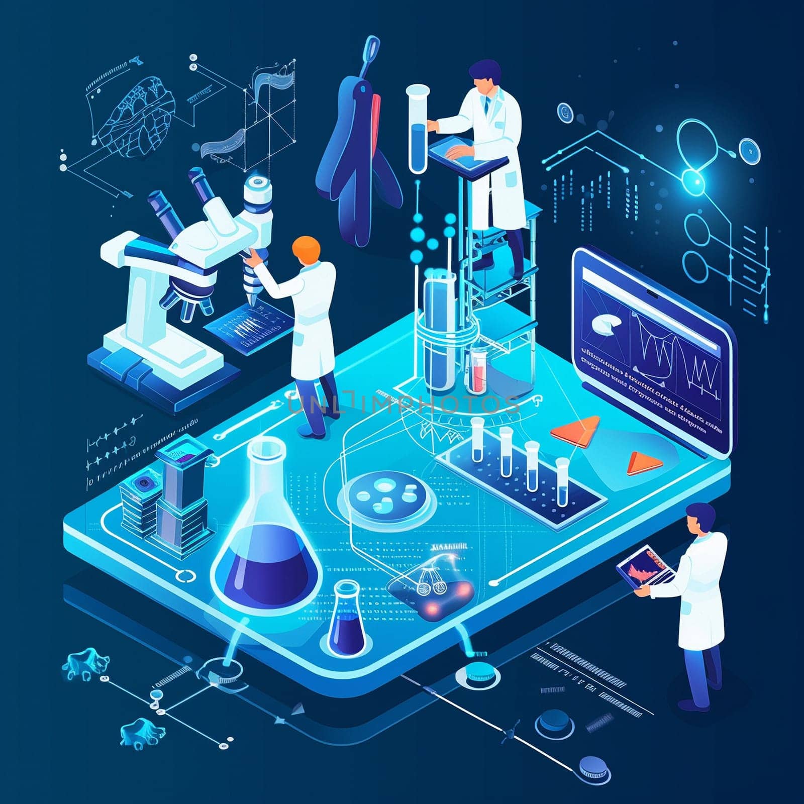 project teamwork in medicine, science and biology. isometric illustration. High quality illustration