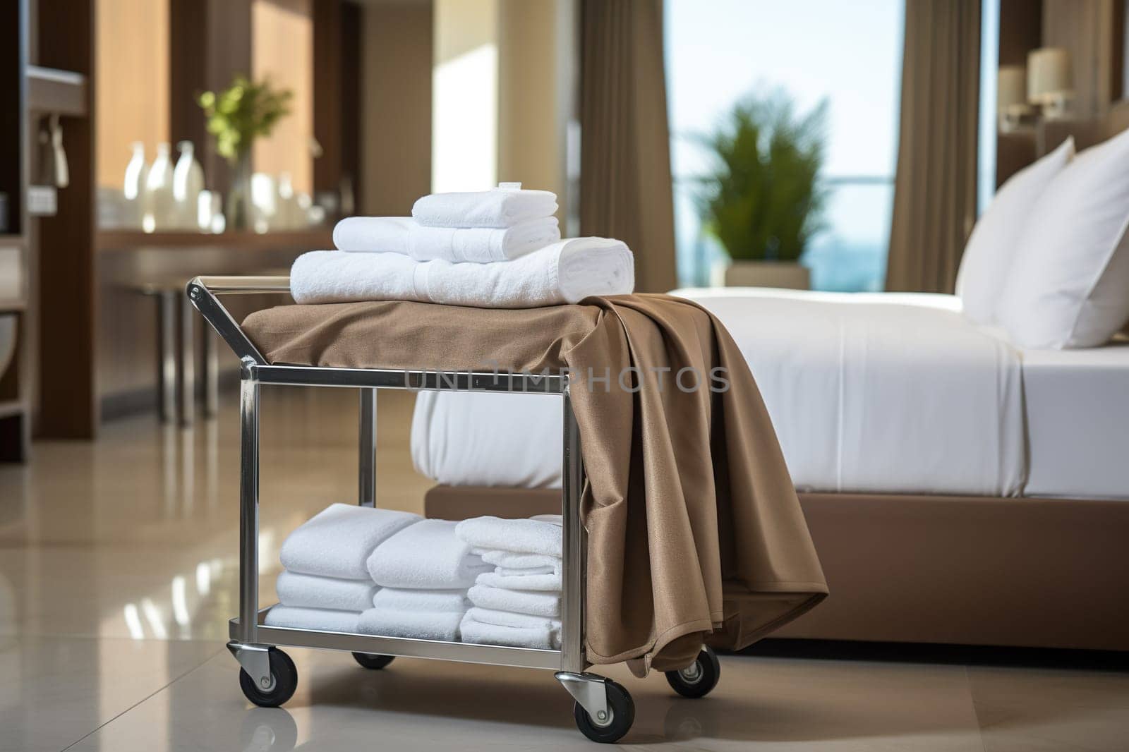Hotel maid trolley, trolley with snow-white clean towels. Room cleaning concept.