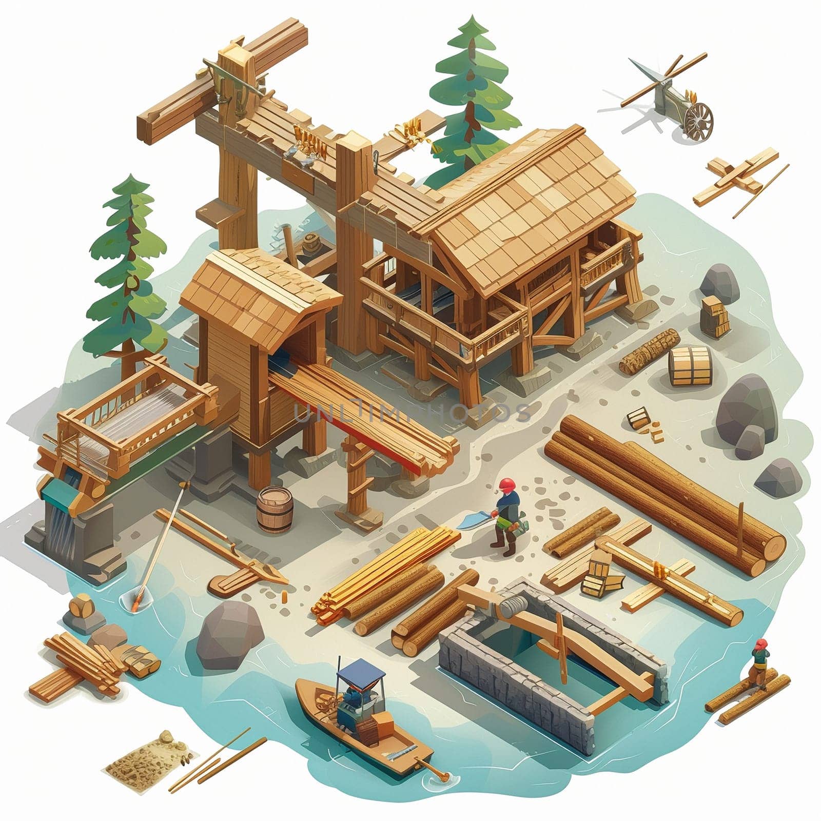 Project teamwork at sawmills. isometric illustration. High quality illustration