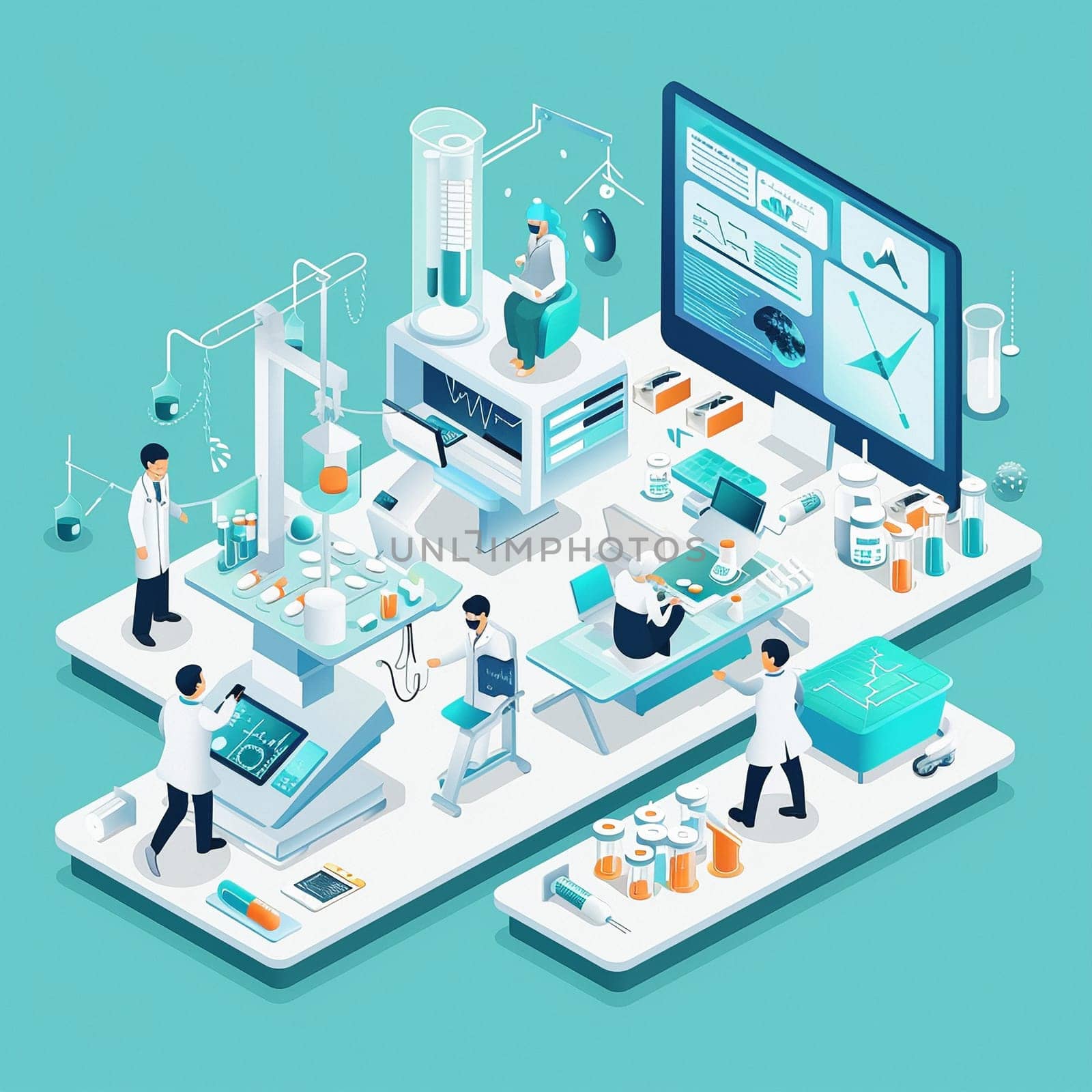 project teamwork in medicine, science and biology. isometric illustration. High quality illustration