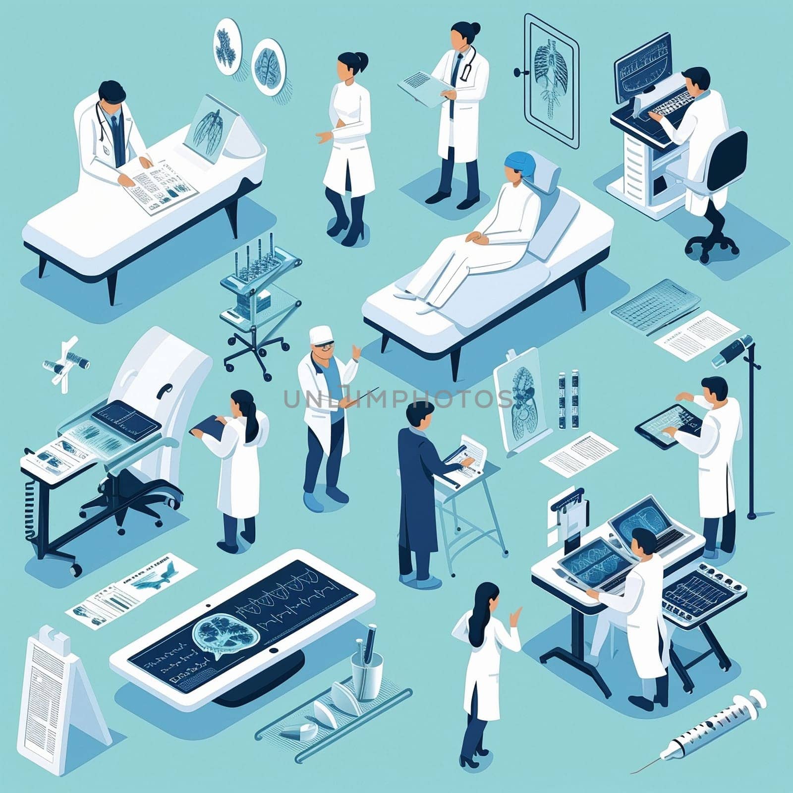 project teamwork in medicine, science and biology. isometric illustration. High quality illustration