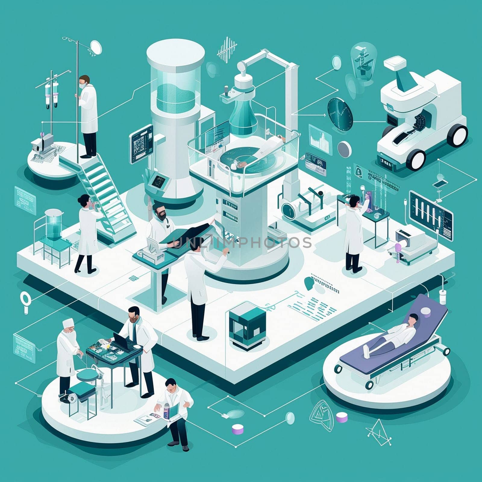 project teamwork in medicine, science and biology. isometric illustration by NeuroSky