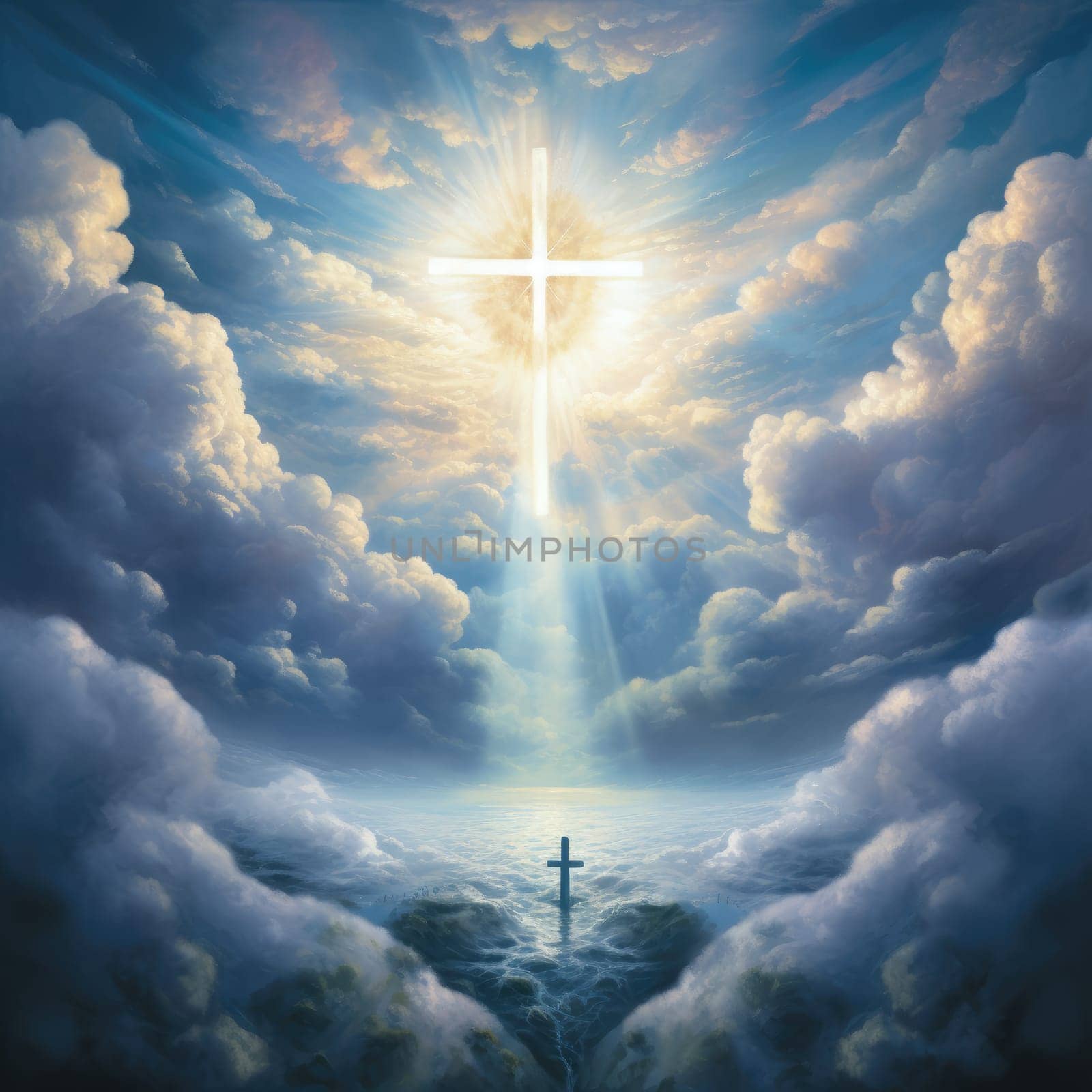 Cross in the clouds radiates the light of faith and hope. Sign of faith.