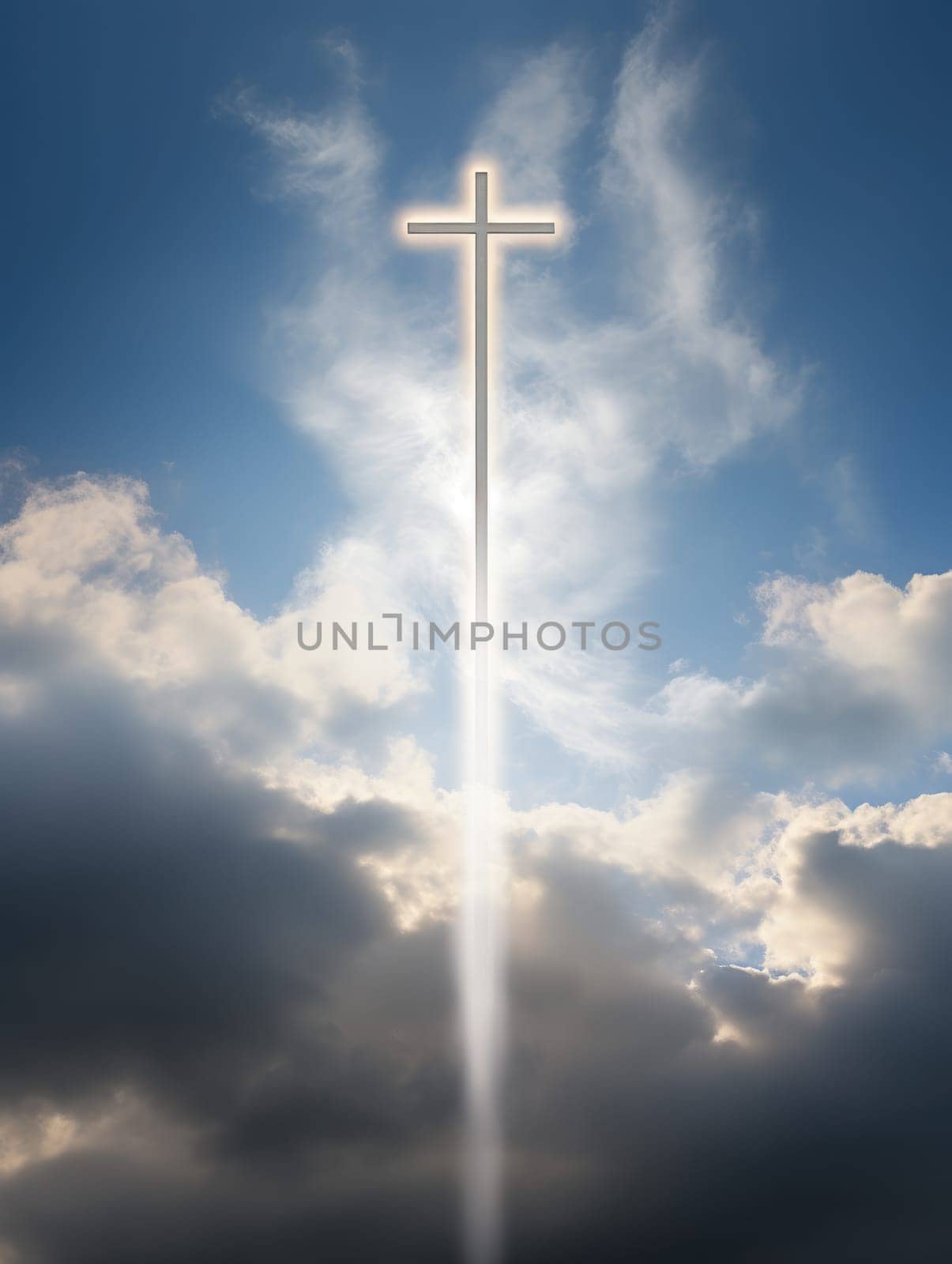 Cross in the clouds radiates the light of faith and hope. Sign of faith.