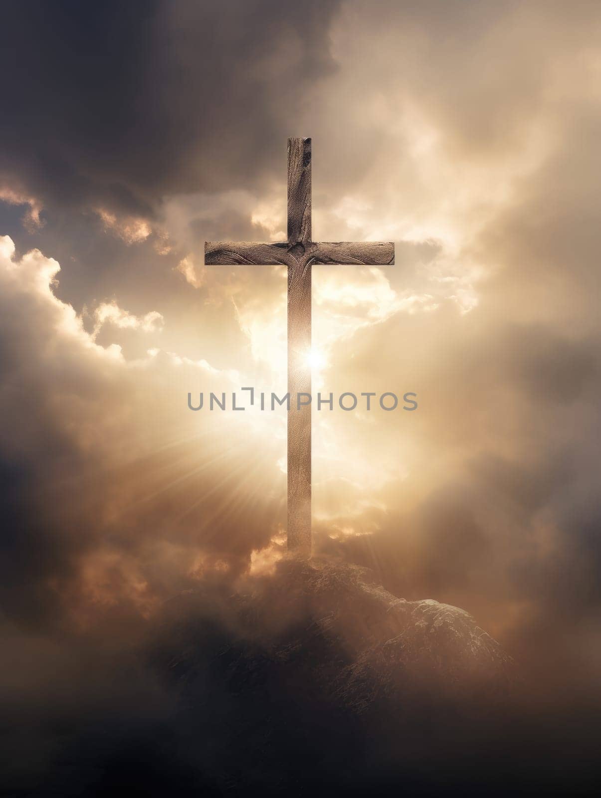 Cross in the clouds radiates the light of faith and hope. Sign of faith.