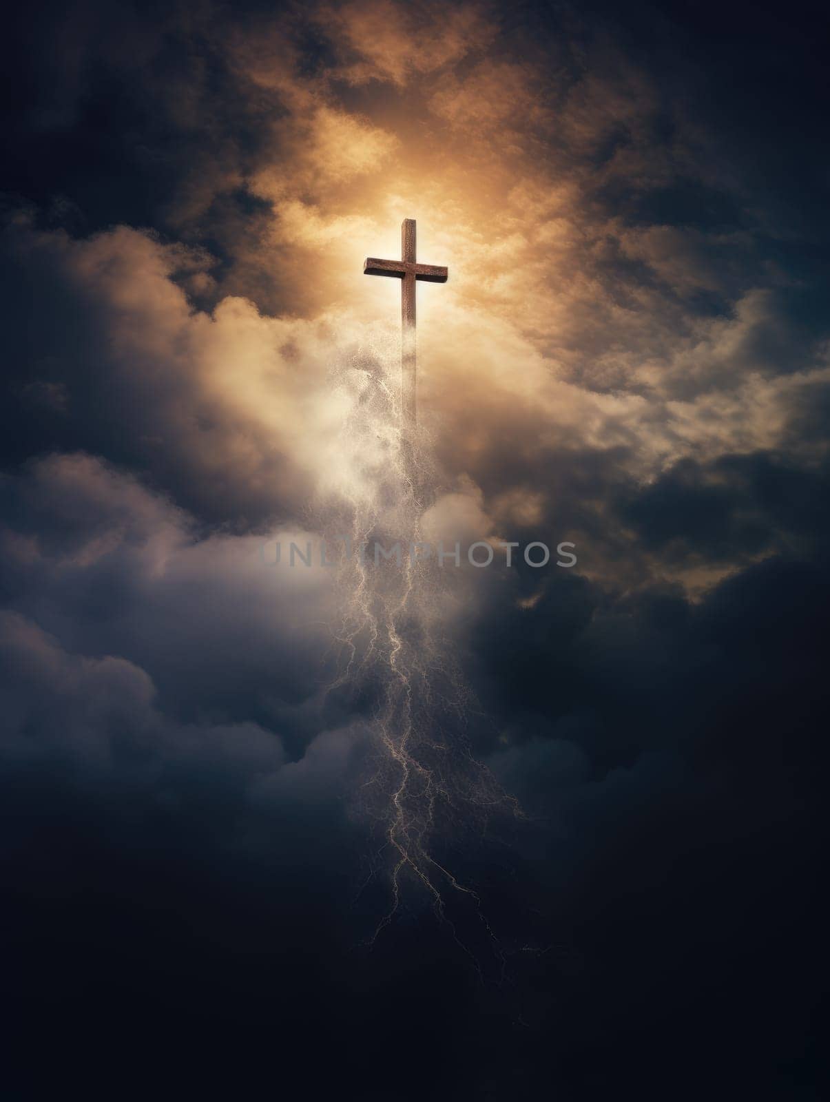 Cross in the clouds radiates the light of faith and hope. Sign of faith.