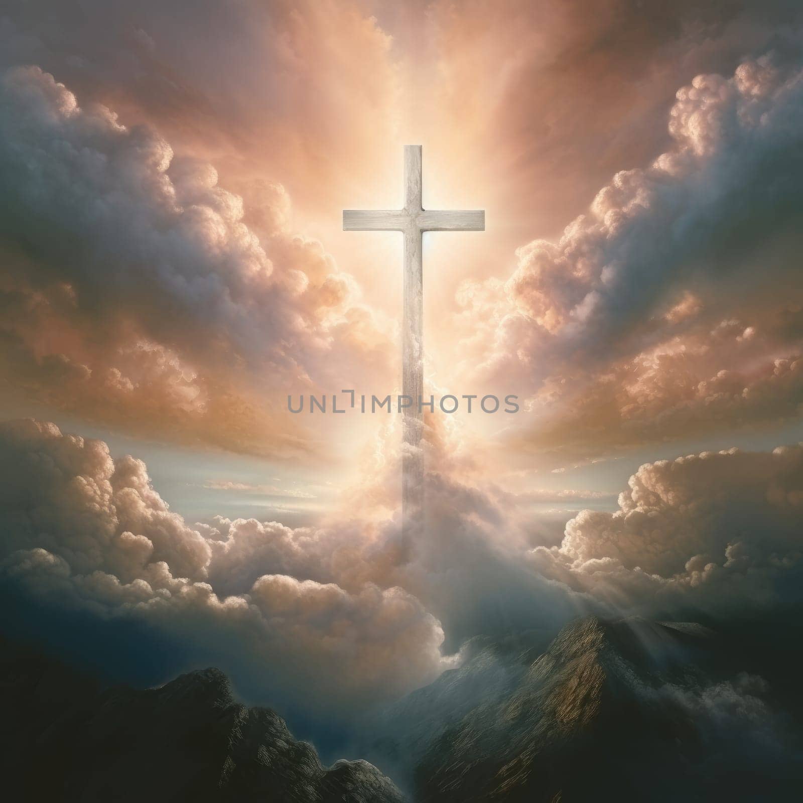 Cross in the clouds radiates the light of faith and hope. Sign of faith.