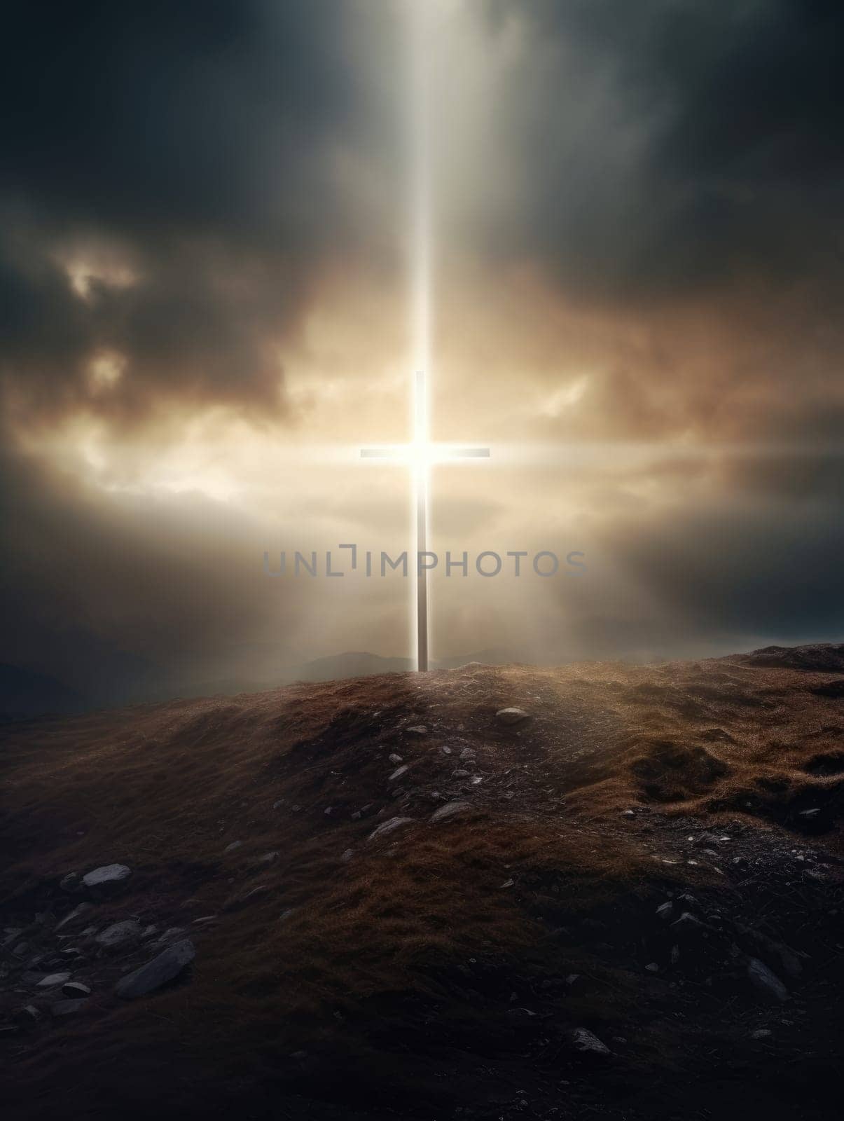 Cross in the clouds radiates the light of faith and hope. Sign of faith.