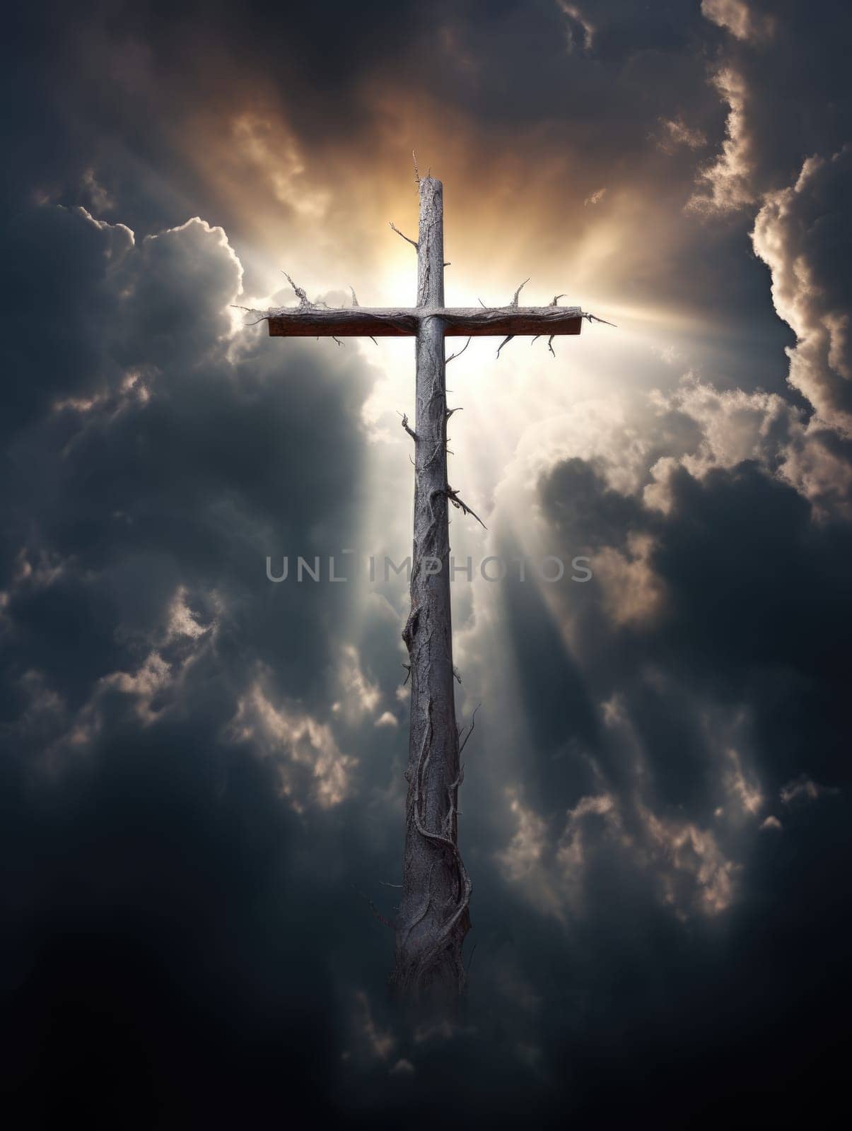 Cross in the clouds radiates the light of faith and hope. Sign of faith.