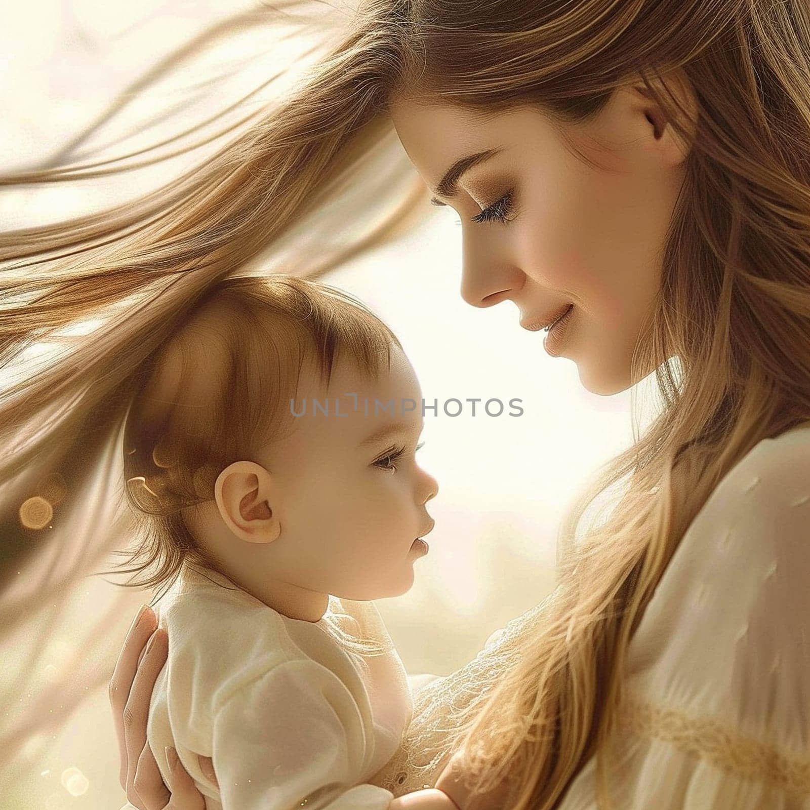 Mom gently hugs her baby. Cute family photo. High quality illustration