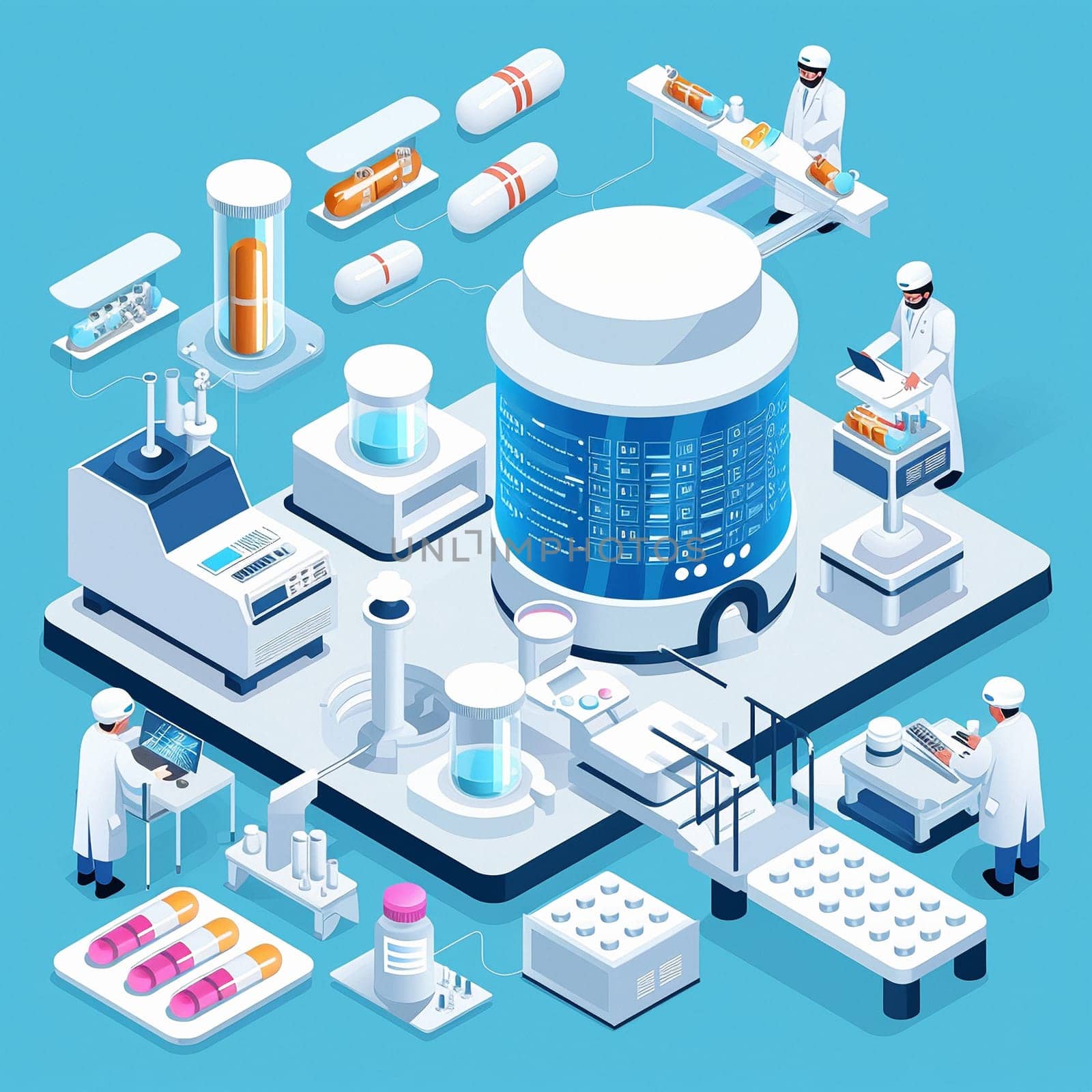 project teamwork in medicine, science and biology. isometric illustration. High quality illustration