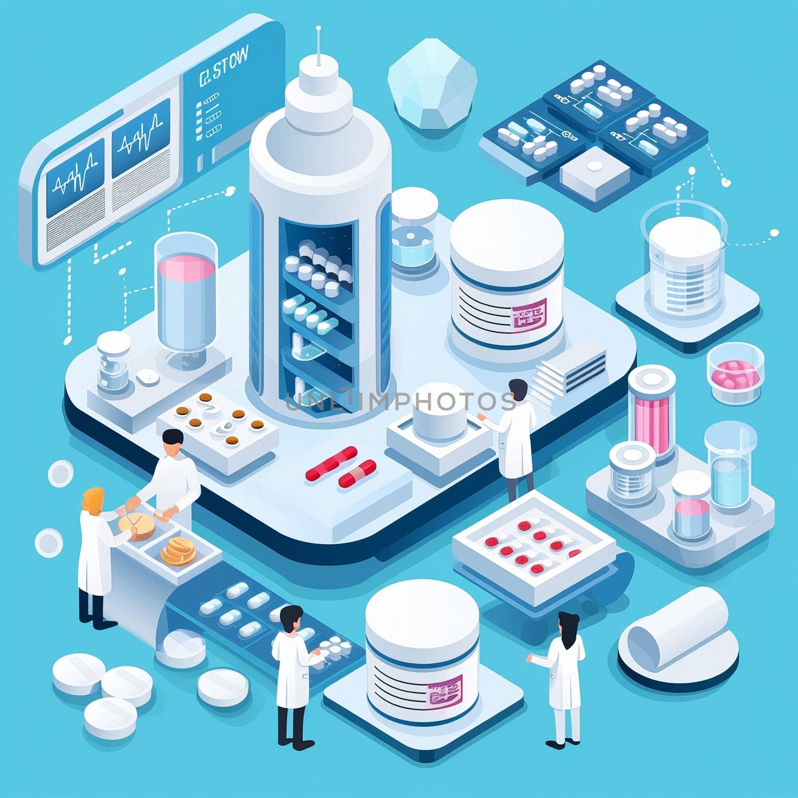 project teamwork in medicine, science and biology. isometric illustration by NeuroSky