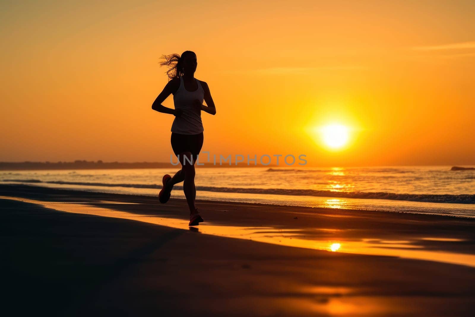 Silhouette of a woman running at sunset with the sun in the background.