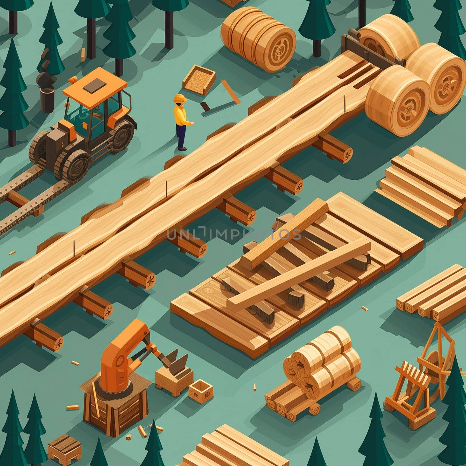 Project teamwork at sawmills. isometric illustration. High quality illustration