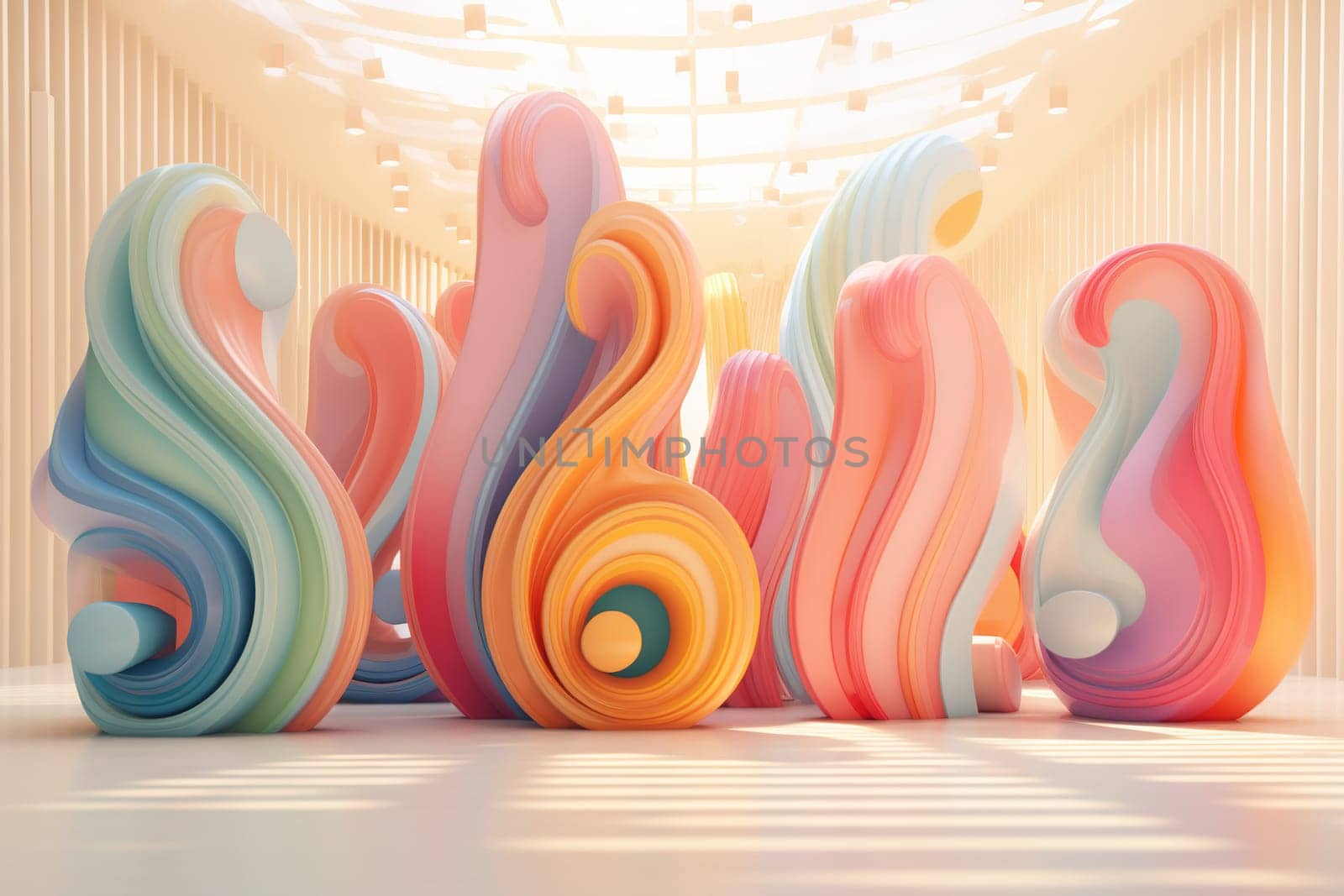 Abstract pastel swirls in a modern 3D art gallery setting, perfect for vibrant advertising, contemporary backgrounds, or creative visuals. Generative AI