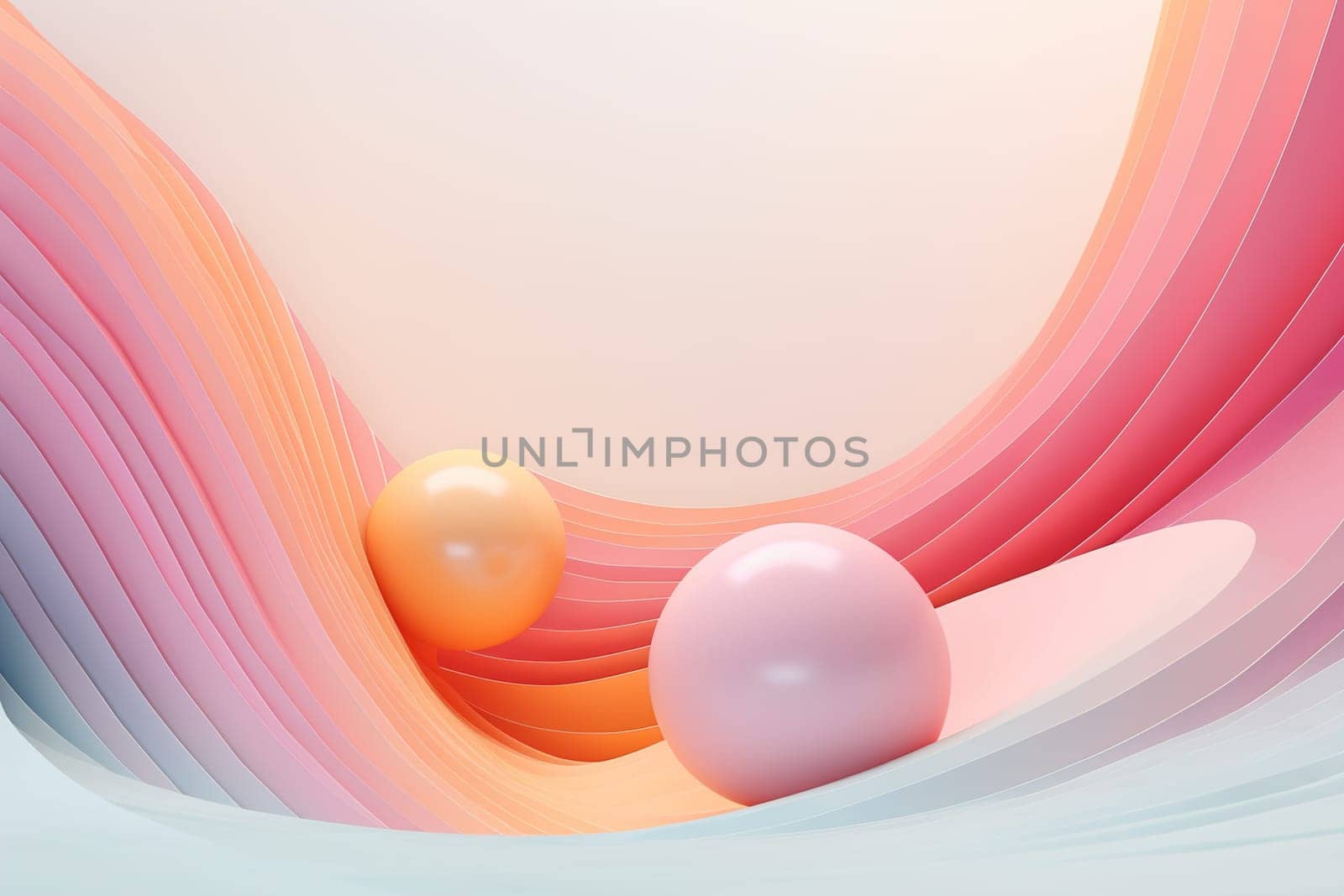 Pastel waves cradle spheres in a soothing harmony of form and color, perfect for gentle visuals or soft design elements. Copy space for text. Generative AI