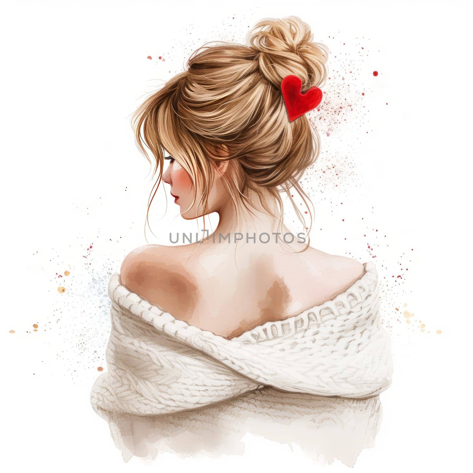 Png Watercolor Beautiful Romantic Young Woman Back View Illustration, Messy Hair with Heart Shape Hairpin. Valentine's Day or Birthday Clip Art