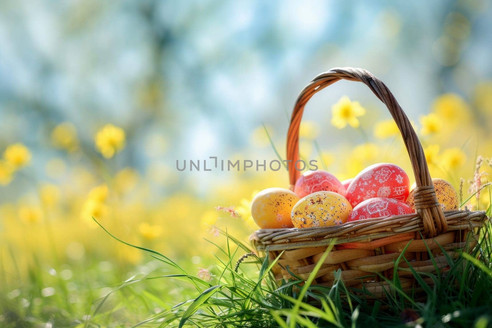 Colorful eggs Easter in a basket in spring sunny blooming cherry orchard. generative ai. by matamnad