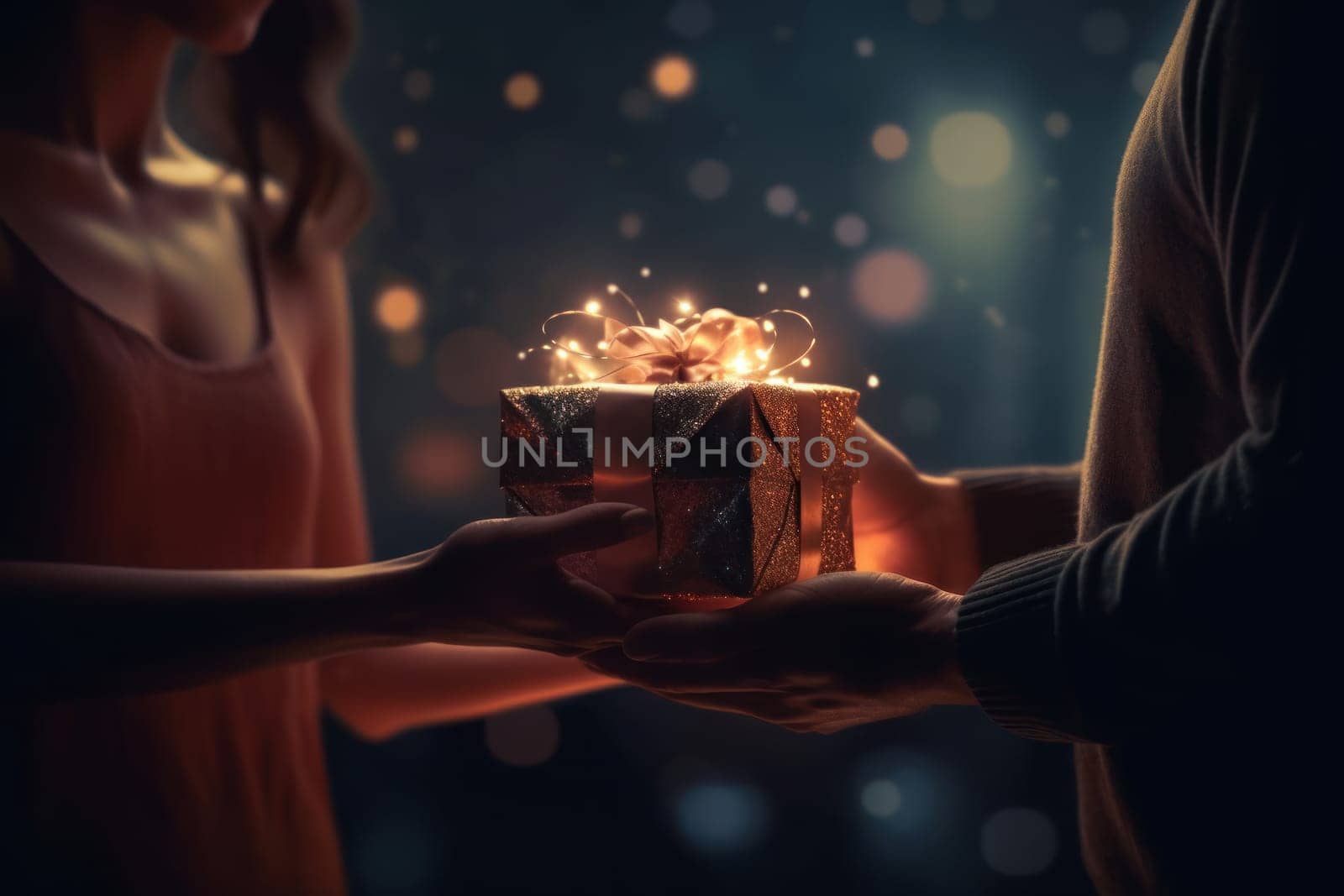 Close-up of hands giving a gift box in festival stock photography concepts.