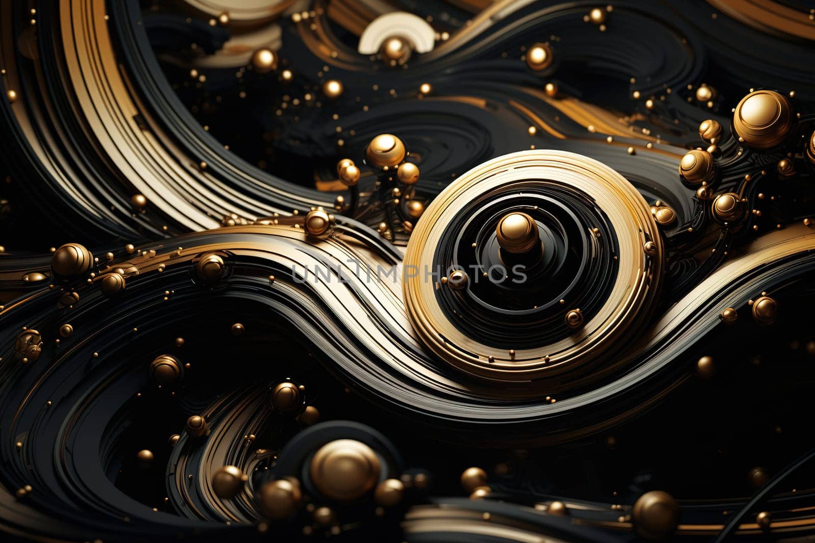 Elegant abstract black and golden swirls on a black background, ideal for luxury branding, or opulent decor. Generative AI. by creativebird